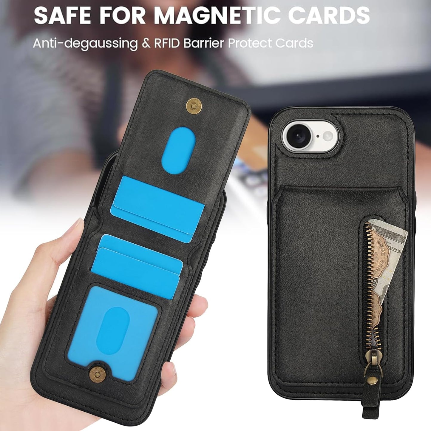 Magnetic card holder phone case suitable for iPhone 16E, zipper magnetic split magnetic wallet with adjustable bracket