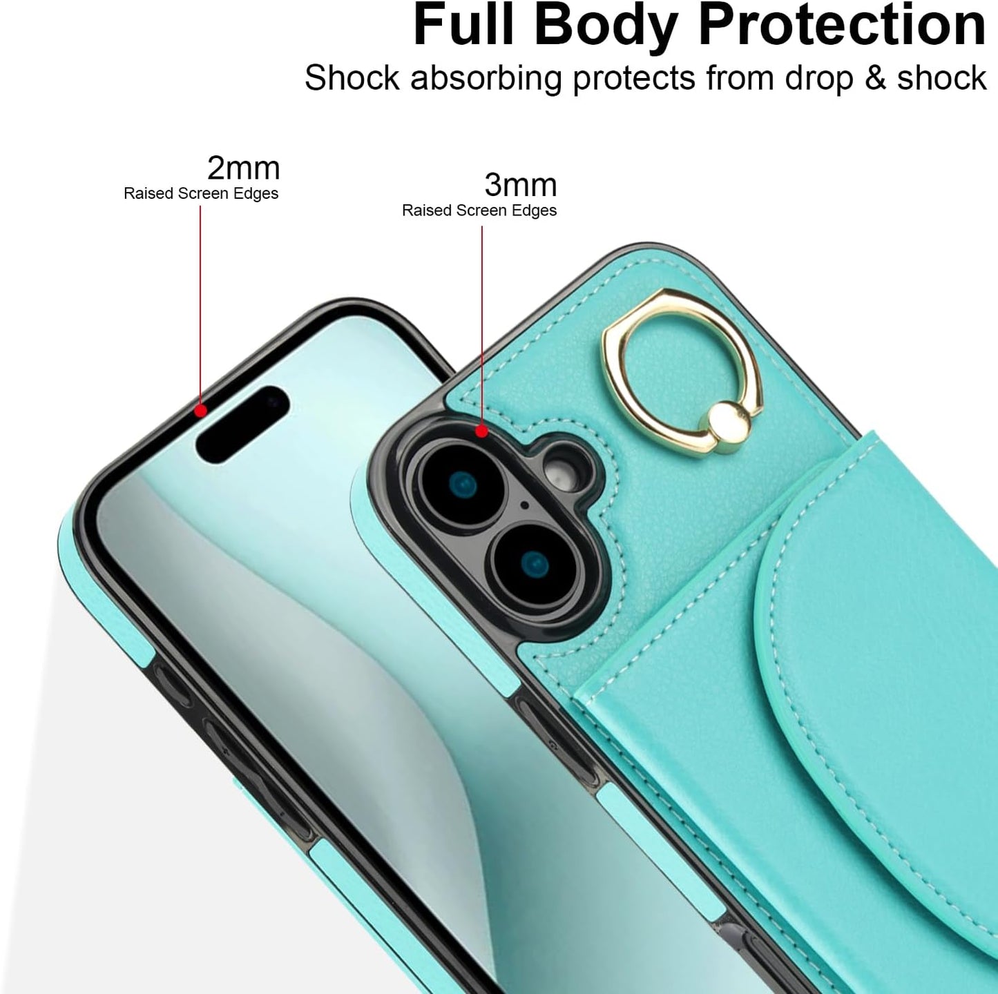 Tri-fold wallet case for iPhone 16 Plus, 360° rotating ring buckle stand, shockproof phone case coin purse card holder Black