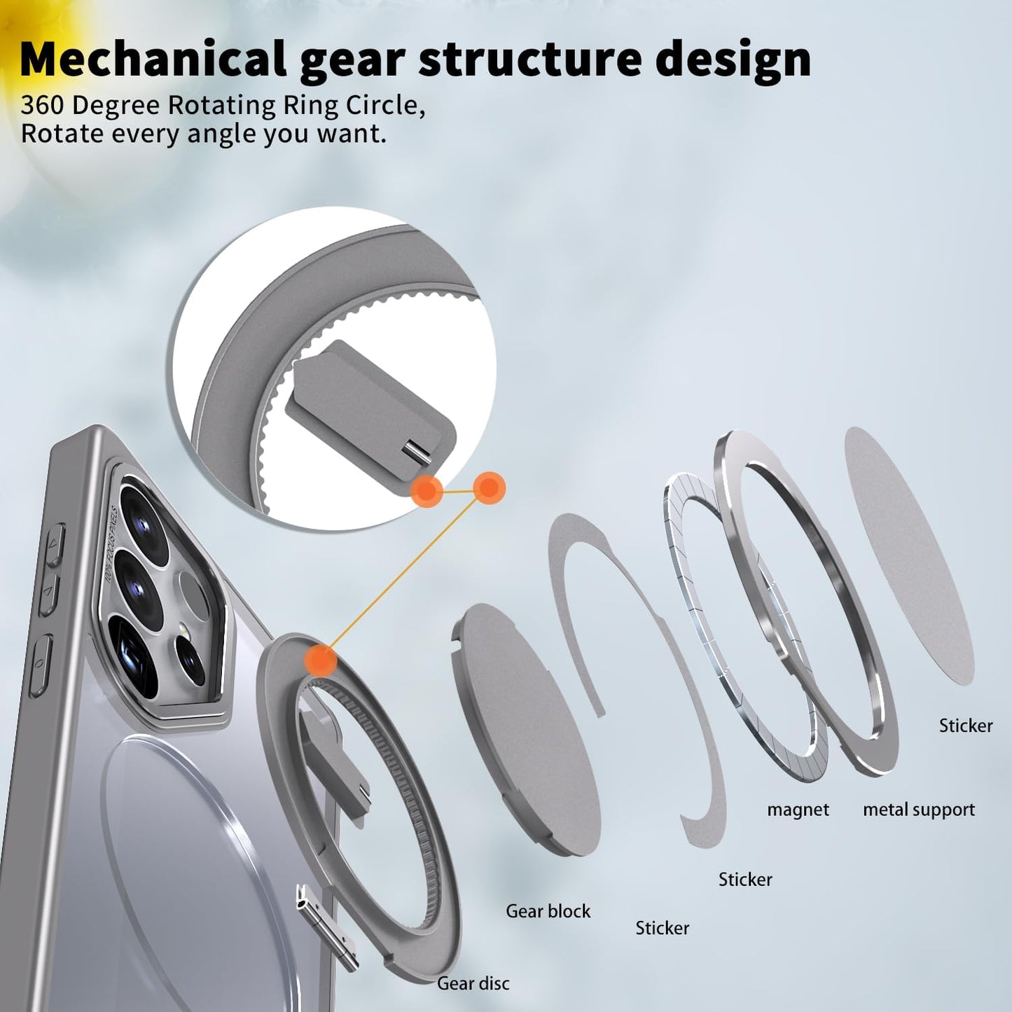 iTape Magnetic phone case for Samsung Galaxy S25 Ultra, mechanical gear 360° rotating bracket supports wireless charging, shockproof ultra-thin shell Gray