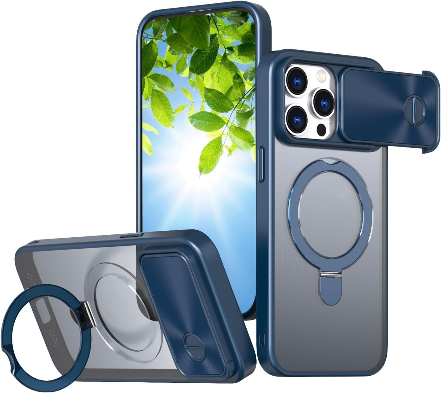 Magnetic mobile phone case for iPhone 15 Pro max, 360° rotating bracket supports wireless charging, camera sliding window protection, shockproof ultra-thin shell