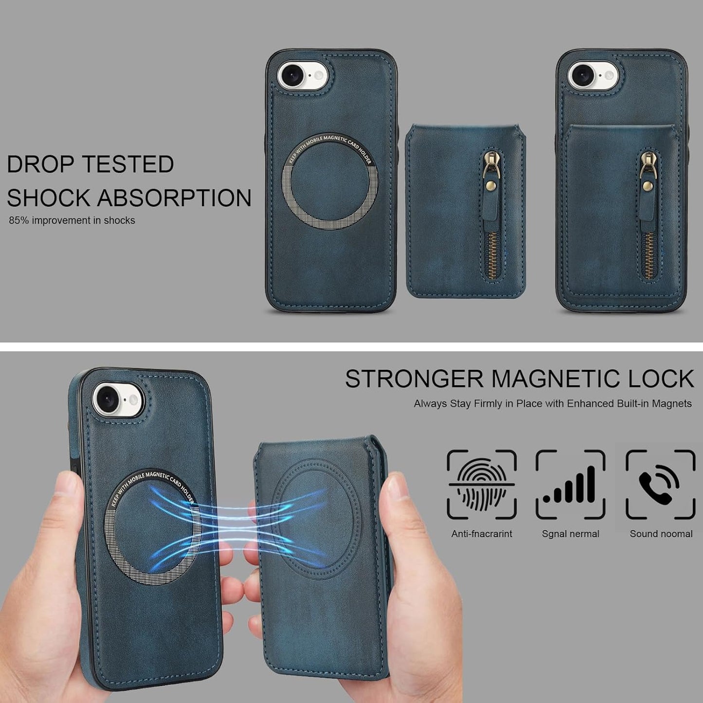 Magnetic card holder phone case suitable for iPhone 16E, zipper magnetic split magnetic wallet with adjustable bracket