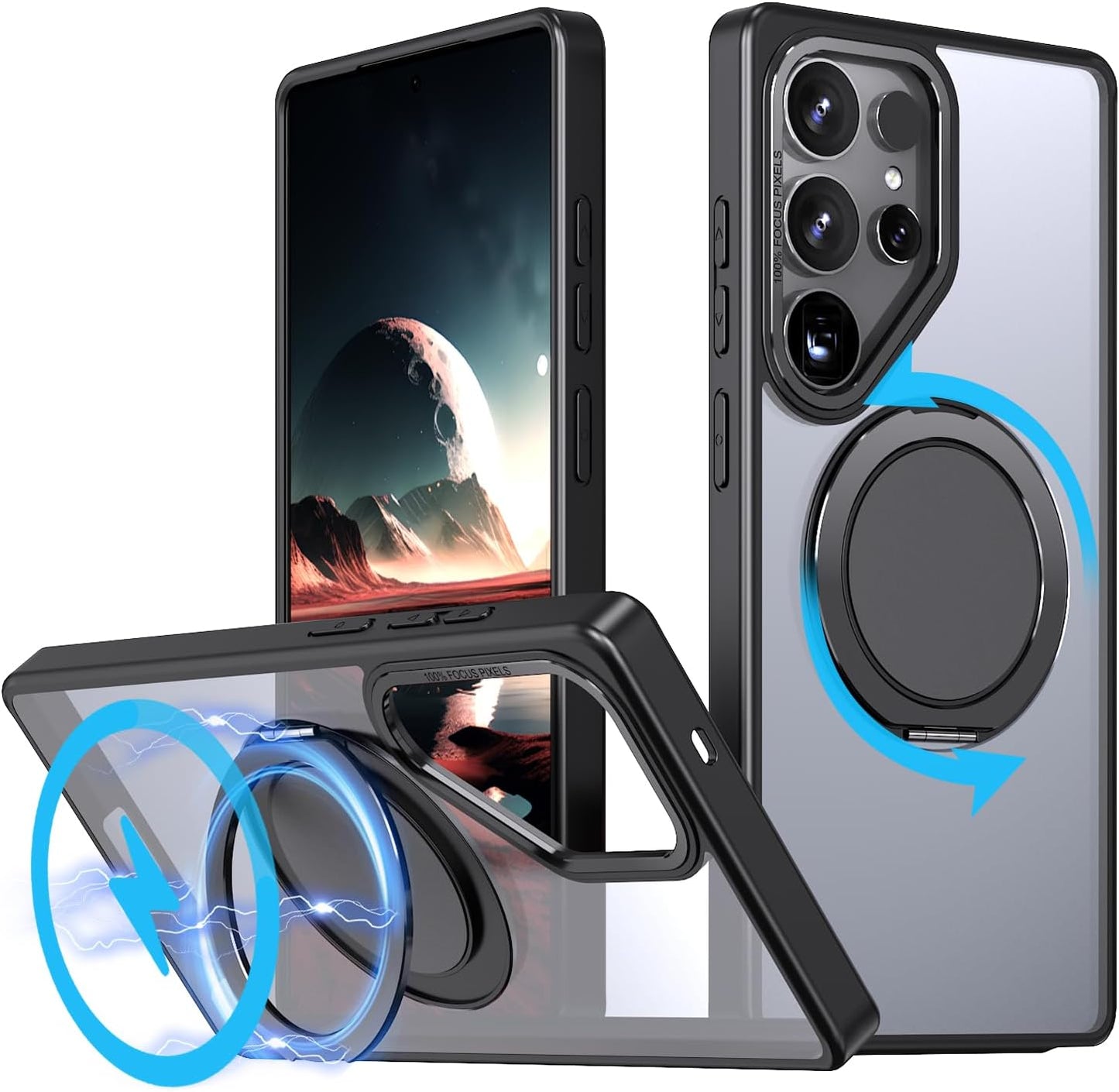 iTape Magnetic phone case for Samsung Galaxy S25 Ultra, mechanical gear 360° rotating bracket supports wireless charging, shockproof ultra-thin shell Gray