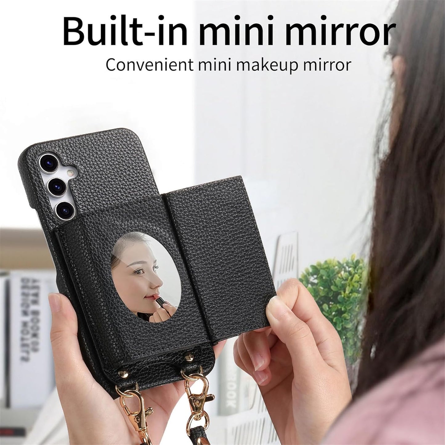 iTape Card Holder Wallet Phone Case for Samsung Galaxy A55, Shockproof Ultra-thin Phone Case, Makeup Mirror with Crossbody Strap Pink