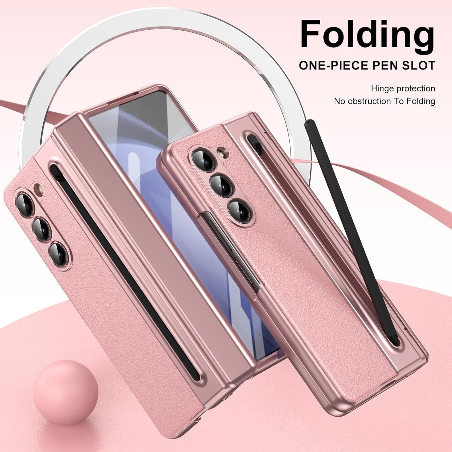Lightweight phone case for Samsung Galaxy Z Fold5, hinged case supports wireless charging with lens protection, screen protector, complimentary stylus, drop-proof and fingerprint resistant
