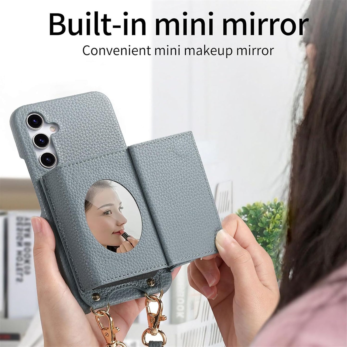 iTape Card Holder Wallet Phone Case for Samsung Galaxy A55, Shockproof Ultra-thin Phone Case, Makeup Mirror with Crossbody Strap Pink