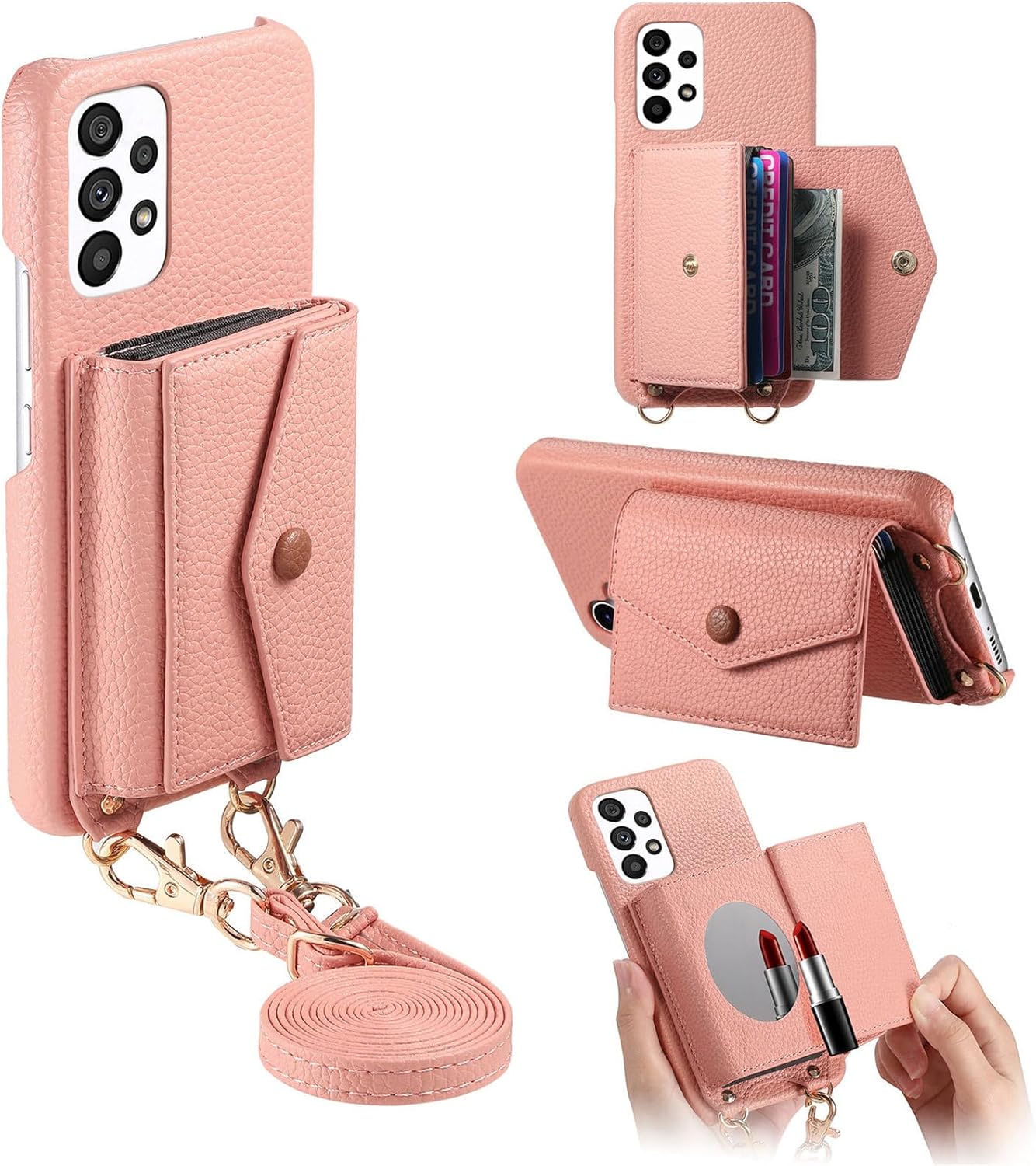 iTape Card Holder Wallet Phone Case for Samsung Galaxy A53 5G, Shockproof Ultra-thin Phone Case, Makeup Mirror with Crossbody Strap Gray