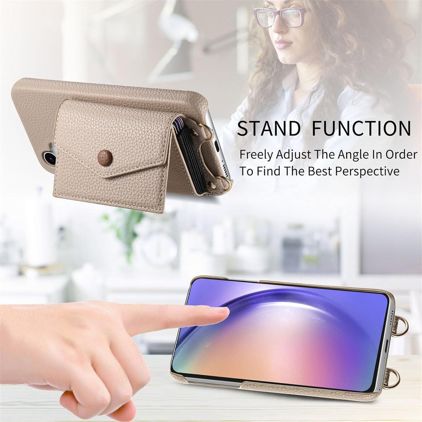 iTape Card Holder Wallet Phone Case for Samsung Galaxy A55, Shockproof Ultra-thin Phone Case, Makeup Mirror with Crossbody Strap Pink