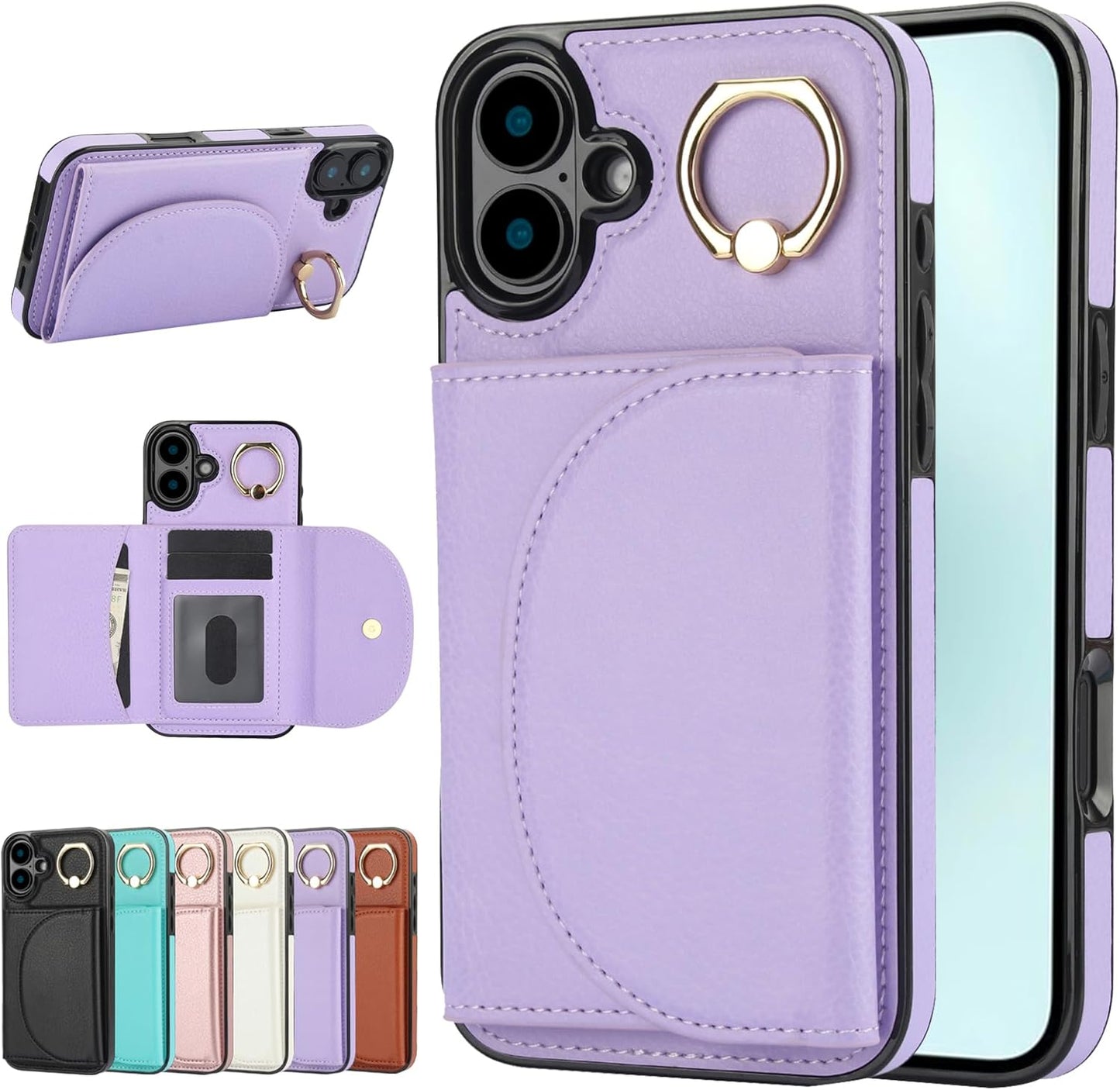 Tri-fold wallet case for iPhone 16 Plus, 360° rotating ring buckle stand, shockproof phone case coin purse card holder Black