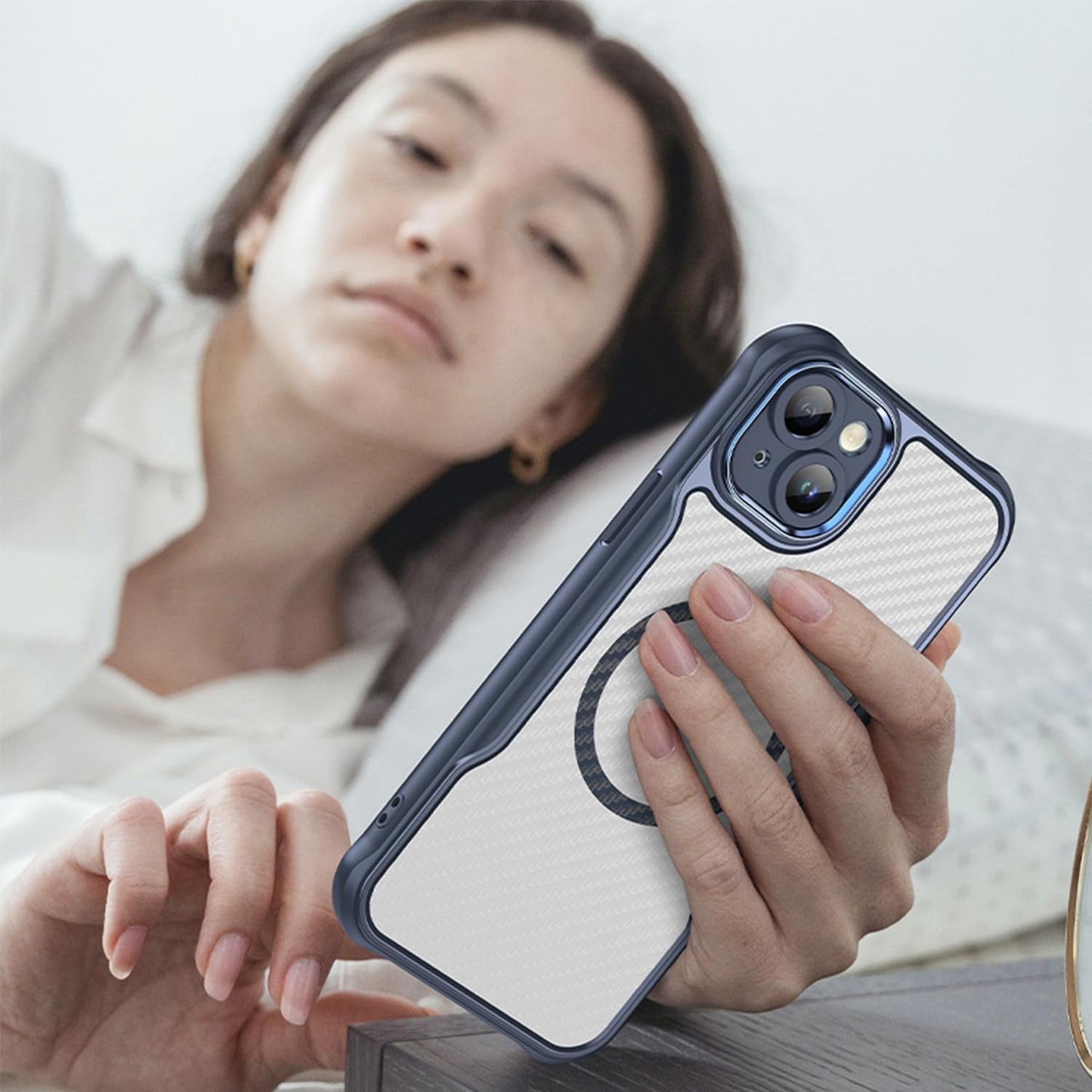 Magnetic carbon fibre case for iPhone 15 Plus, support wireless charging, carbon fibre shockproof slim case Black