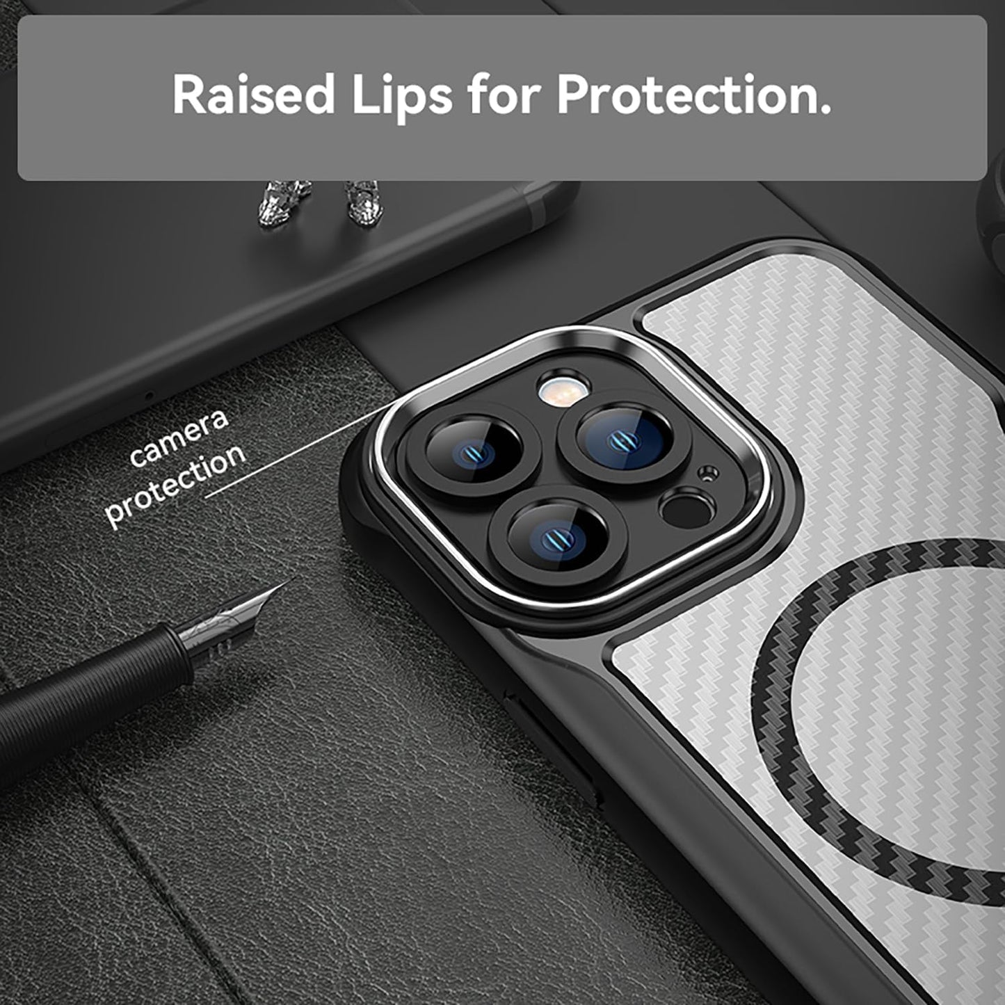 Magnetic carbon fibre case for iPhone 13 Pro max, support wireless charging, carbon fibre shockproof slim case Black