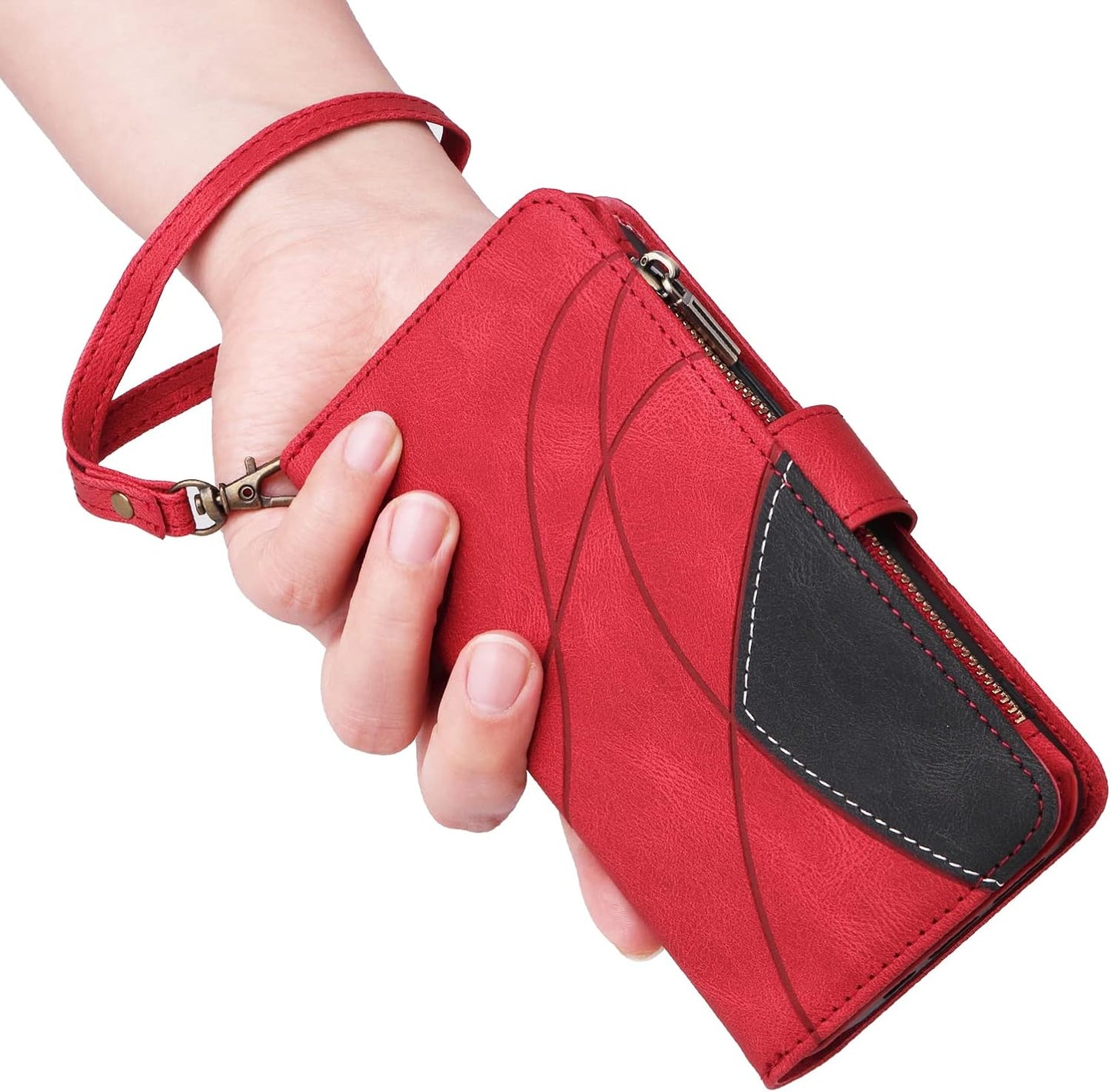 iTape 9 Card Slots Phone Case for Xiaomi POCO X6 PRO 5G, Zipper Wallet, Dual Color Stitching Color Flip Stand Card Slots Cash Clip Shockproof, Wrist Strap Black