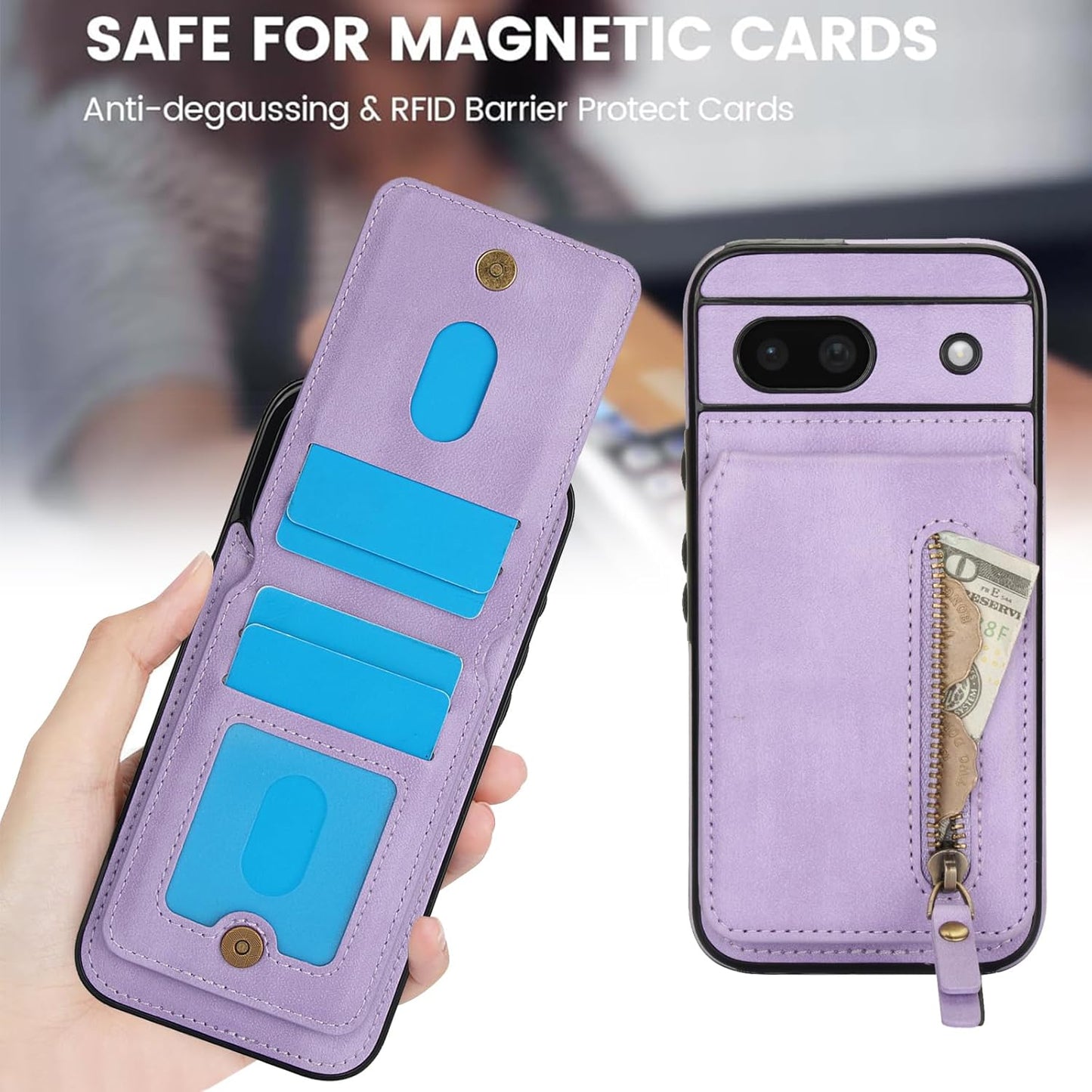 iTape Magnetic card holder phone case suitable for Google Pixel 8A, zipper magnetic split magnetic wallet with adjustable bracket Black