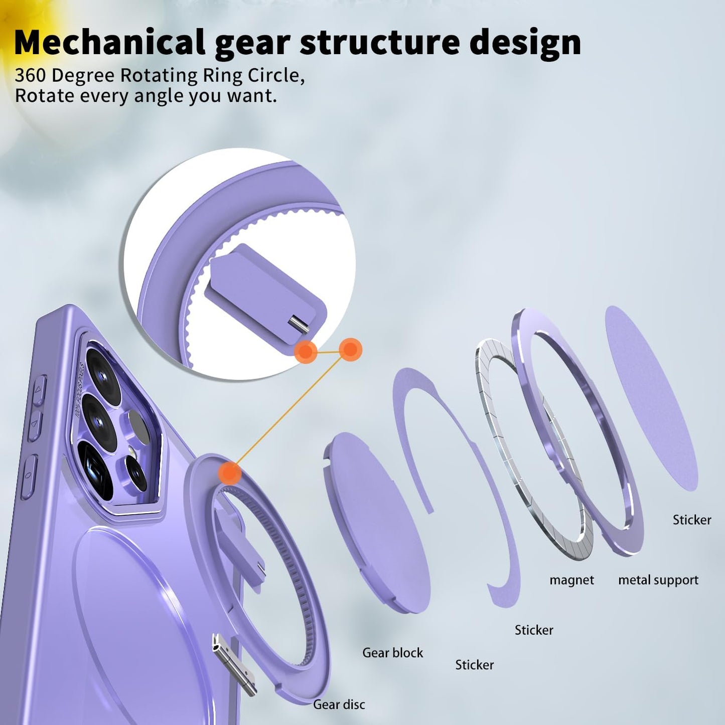 iTape Magnetic phone case for Samsung Galaxy S25 Ultra, mechanical gear 360° rotating bracket supports wireless charging, shockproof ultra-thin shell Gray