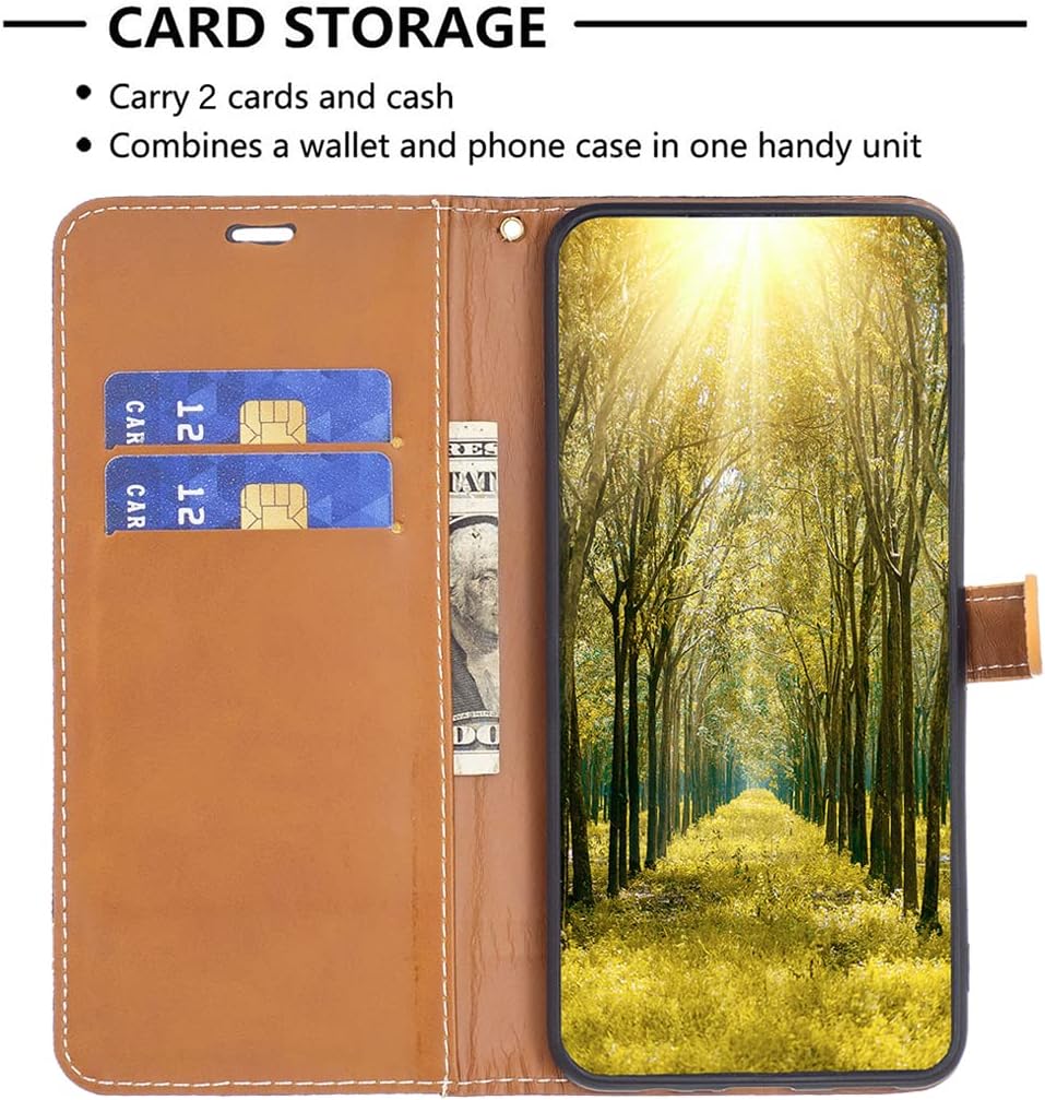 Colorblock Denim Wallet Phone Case for iPhone 16E, Wallet Phone Case Flip Stand, Credit Card Slot Wallet Wrist strap Green