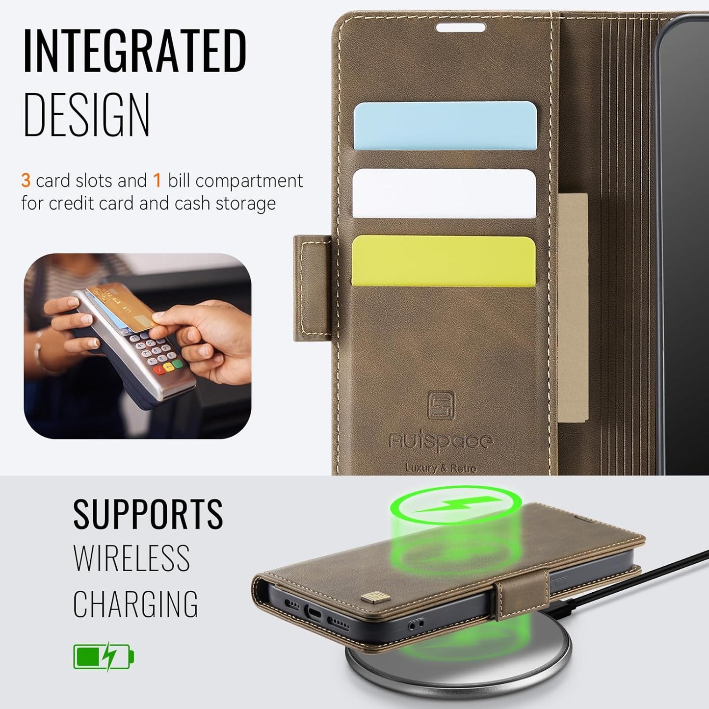 Soft leather wallet case for iPhone 16E, RFID (anti-theft), wallet card slot flip cover stand for iPhone 16E Support wireless charging Gray