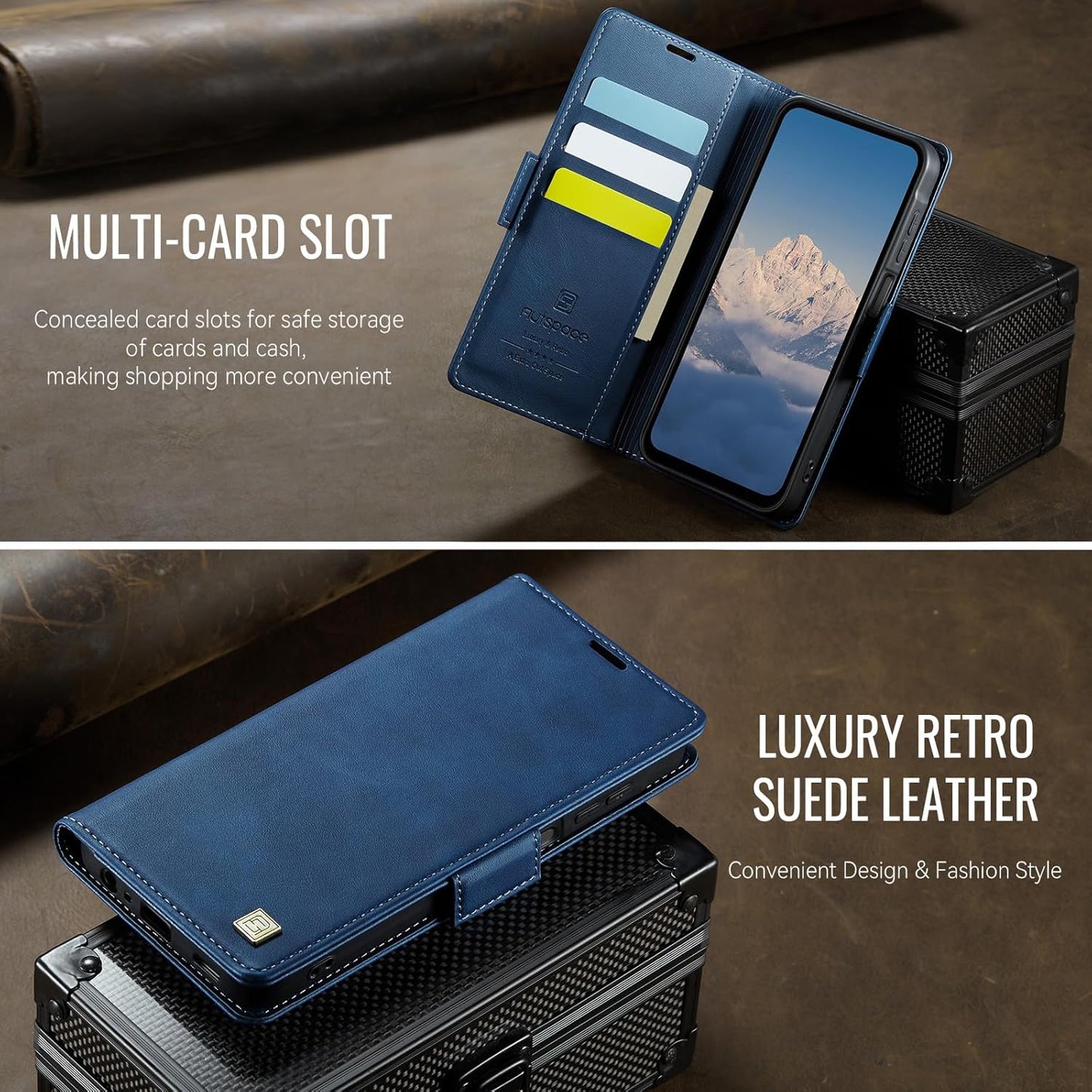 iTape Soft leather wallet case for Samsung Galaxy A14, RFID (anti-theft), wallet card slot flip cover stand for Samsung Galaxy A14 Support wireless charging Blue