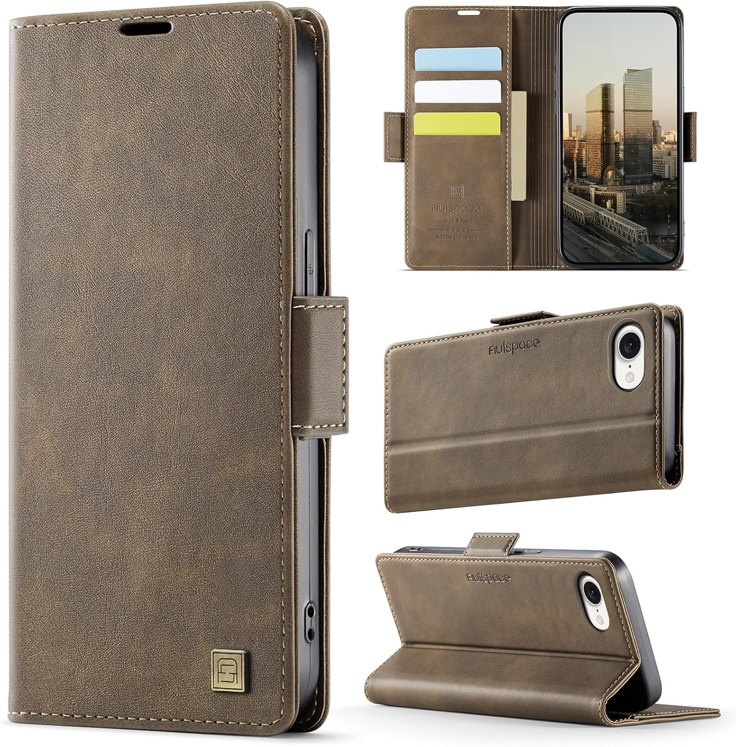 Soft leather wallet case for iPhone 16E, RFID (anti-theft), wallet card slot flip cover stand for iPhone 16E Support wireless charging Gray