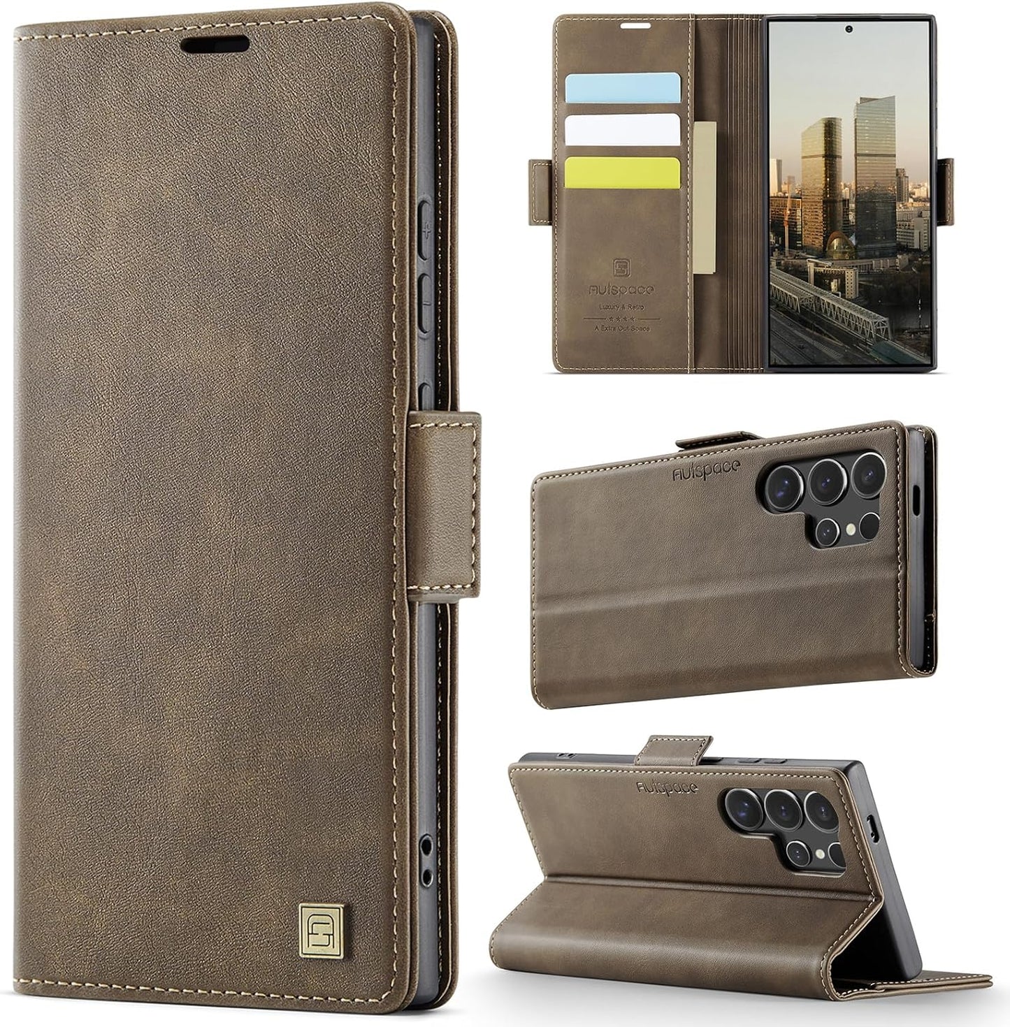 iTape Soft leather wallet case for Samsung Galaxy S24 Ultra, RFID (anti-theft), wallet card slot flip cover stand for Samsung Galaxy S24 Ultra Support wireless charging Brown