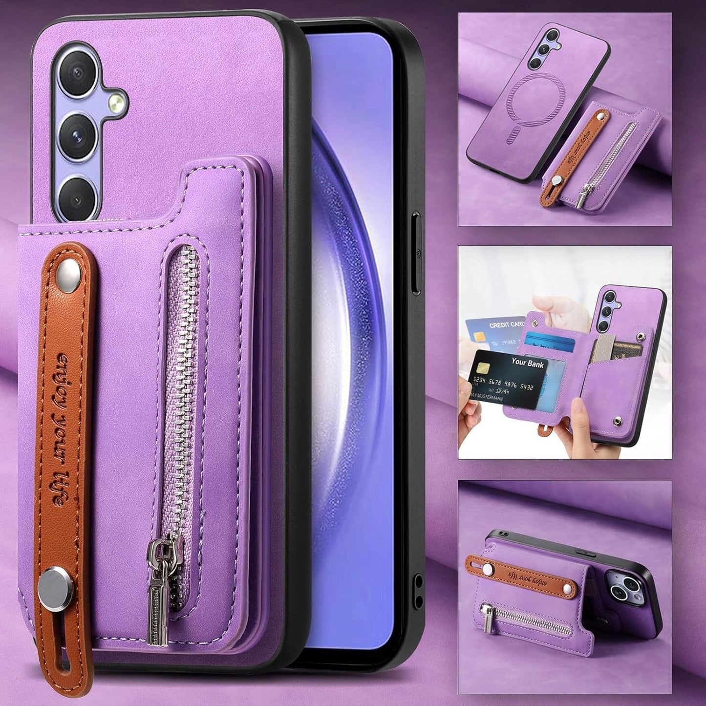 iTape Retro magnetic mobile phone case for Samsung Galaxy S25+, wireless charging magnetic car mount, Card slot, card holder, wrist strap bracket RFID anti-theft card Orange