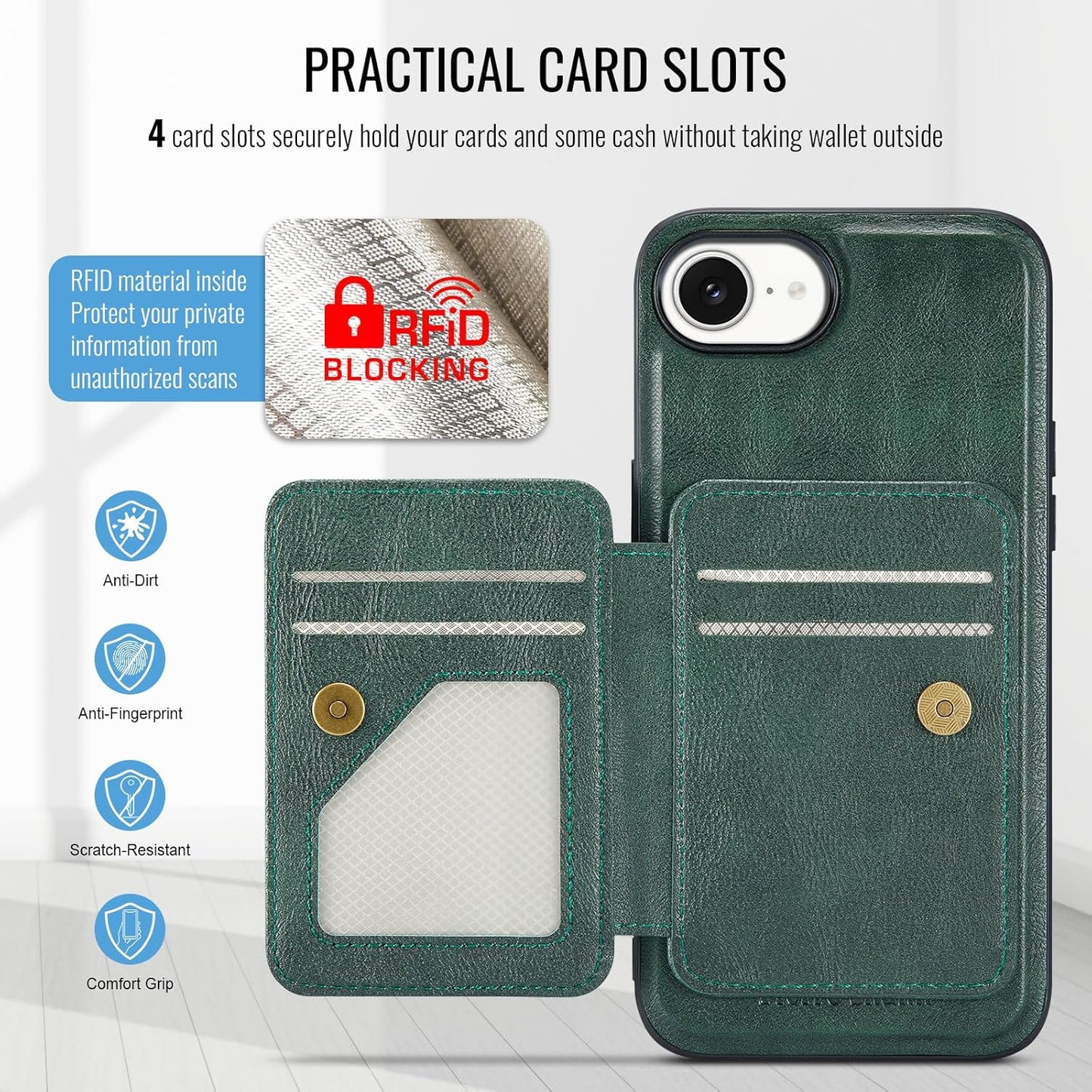 Magnetic Leather Phone Case for iPhone 16E, (RFID) Card Slot Wallet Flip Folding Stand, Wireless Charging Phone Case for iPhone 16E(RFID) Green