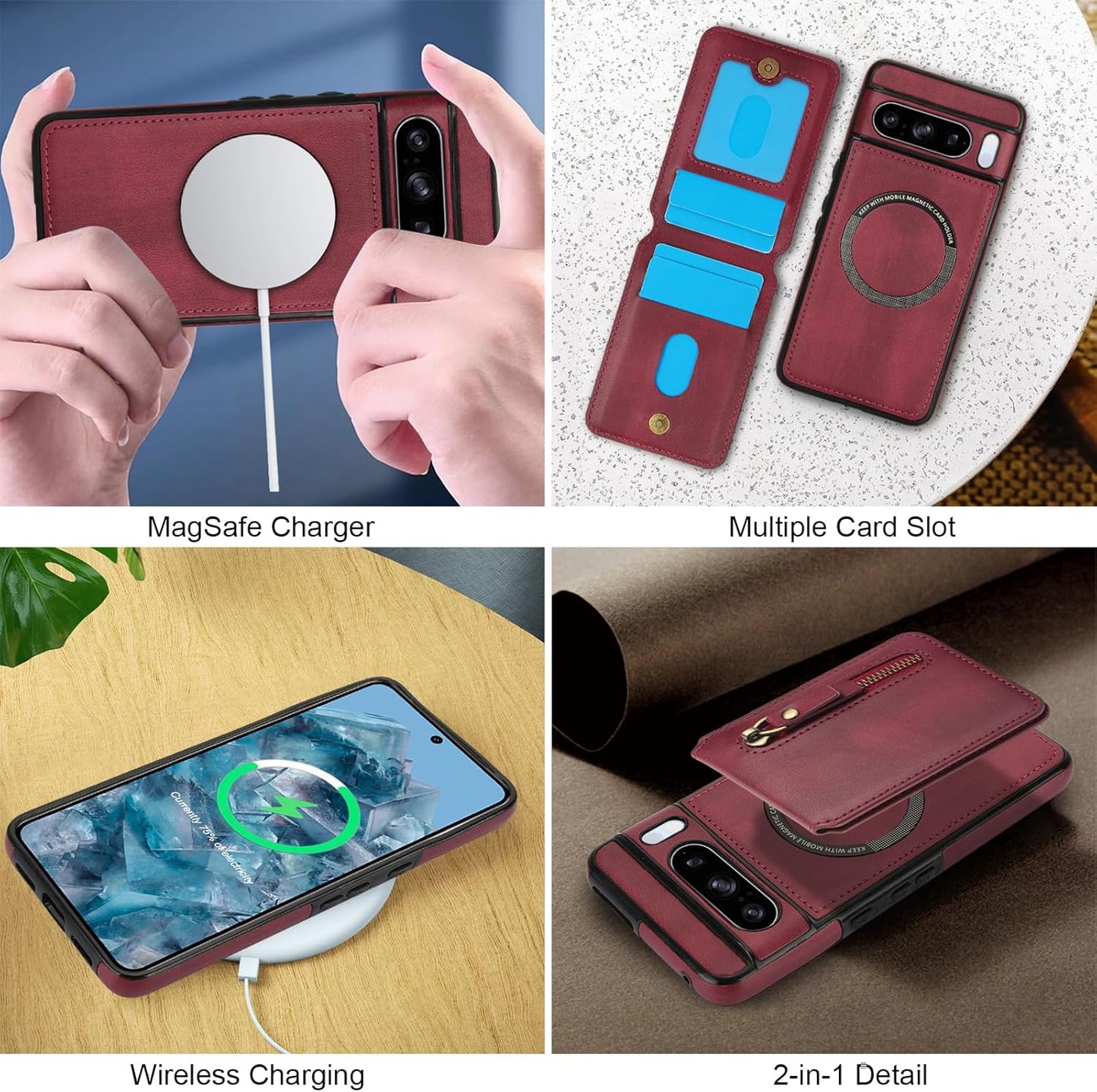 iTape Magnetic card holder phone case suitable for Google Pixel 8 Pro, zipper magnetic split magnetic wallet with adjustable bracket Brown