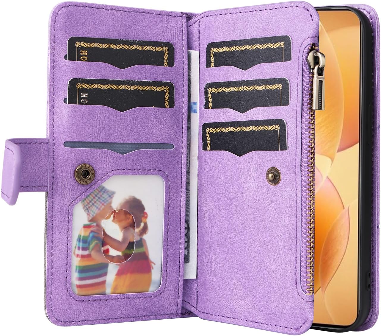 iTape 9 Card Slots Phone Case for Xiaomi POCO X6 PRO 5G, Zipper Wallet, Dual Color Stitching Color Flip Stand Card Slots Cash Clip Shockproof, Wrist Strap Black