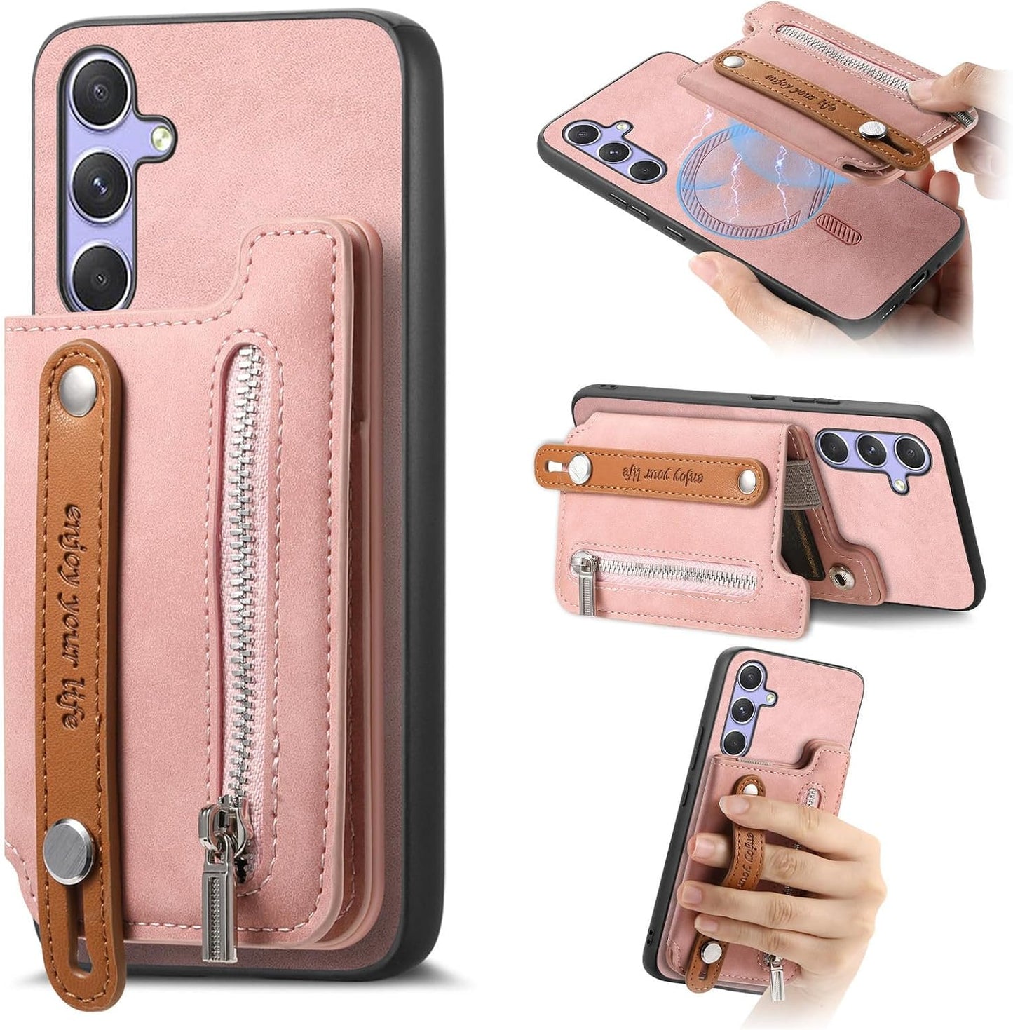 iTape Retro magnetic mobile phone case for Samsung Galaxy S25+, wireless charging magnetic car mount, Card slot, card holder, wrist strap bracket RFID anti-theft card Orange