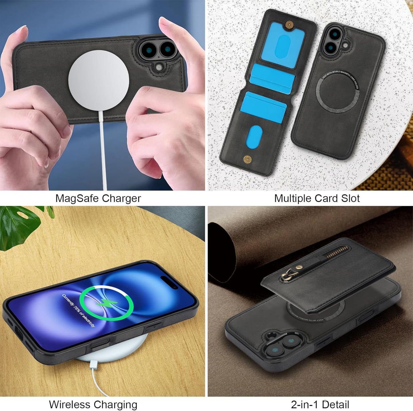 Magnetic card holder phone case suitable for iPhone 16, zipper magnetic split magnetic wallet with adjustable bracket Red