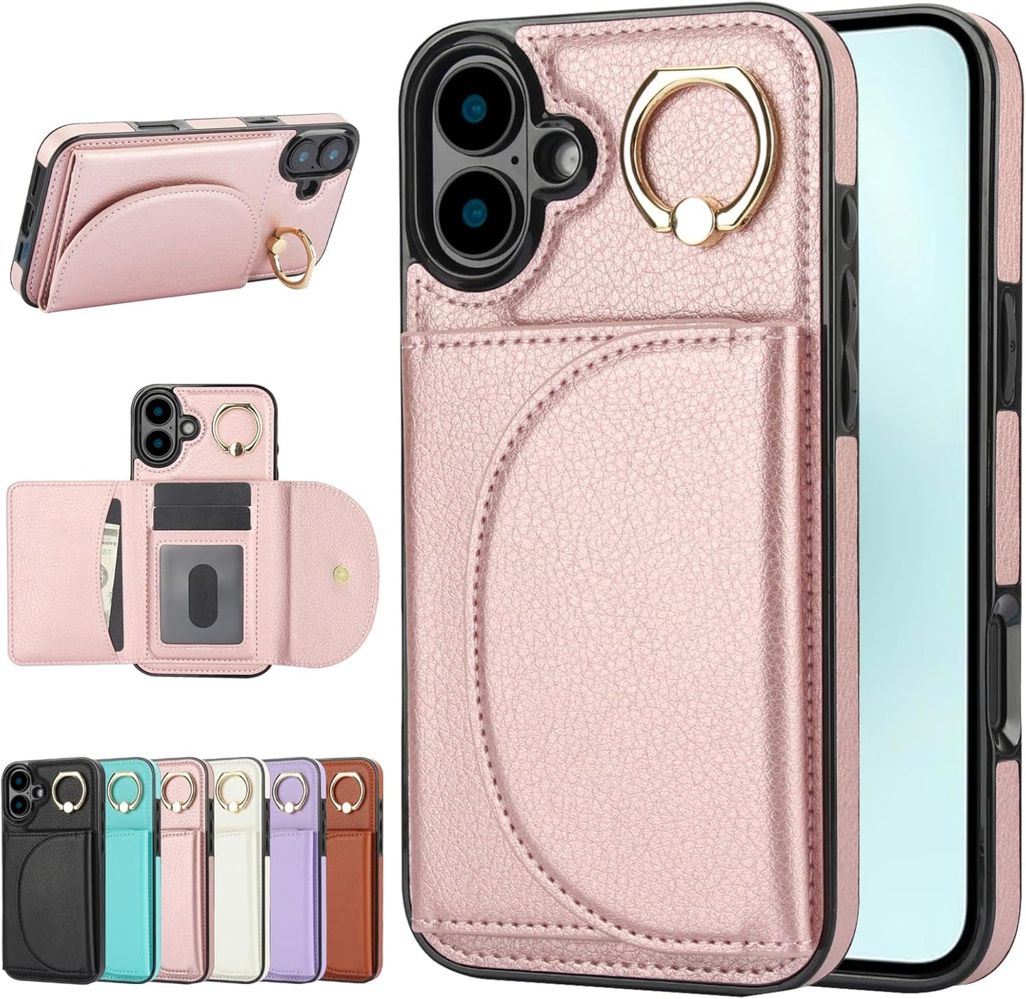 Tri-fold wallet case for iPhone 16 Plus, 360° rotating ring buckle stand, shockproof phone case coin purse card holder Black
