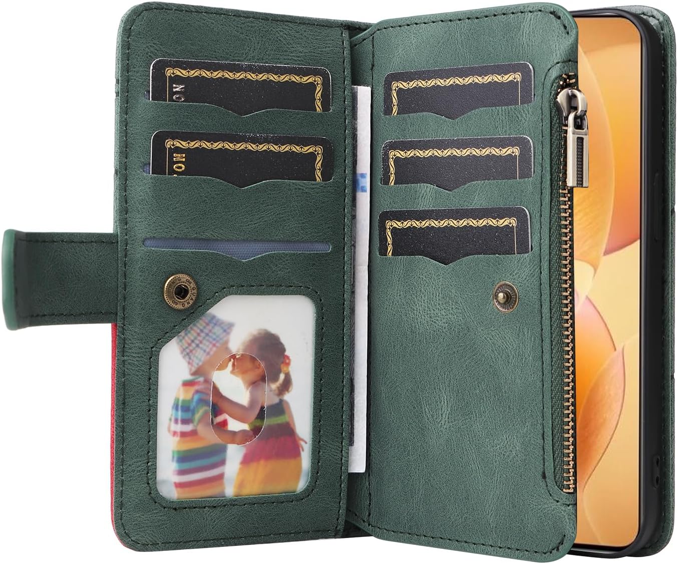 iTape 9 Card Slots Phone Case for Xiaomi POCO X6 PRO 5G, Zipper Wallet, Dual Color Stitching Color Flip Stand Card Slots Cash Clip Shockproof, Wrist Strap Black