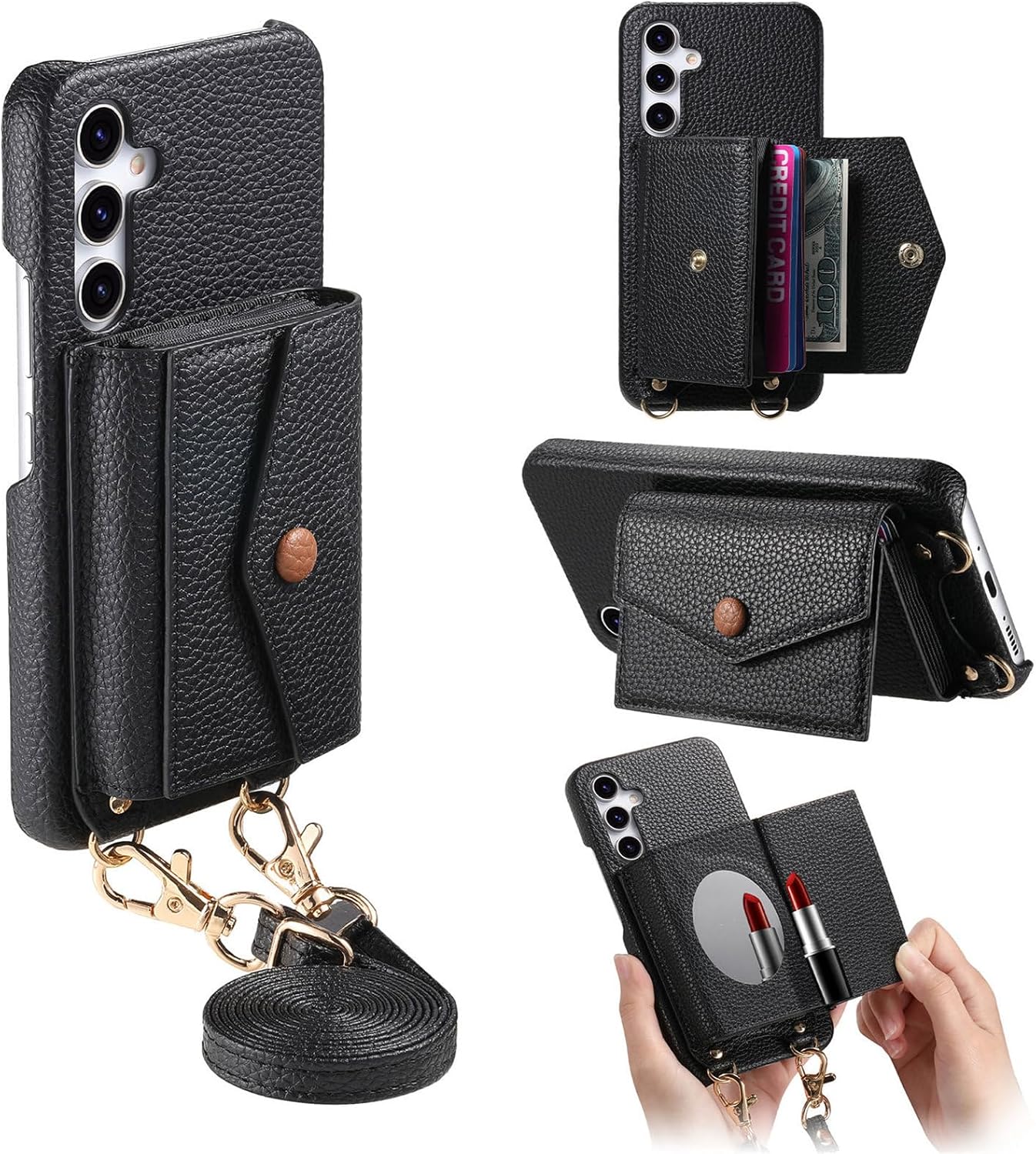 iTape Card Holder Wallet Phone Case for Samsung Galaxy A55, Shockproof Ultra-thin Phone Case, Makeup Mirror with Crossbody Strap Pink