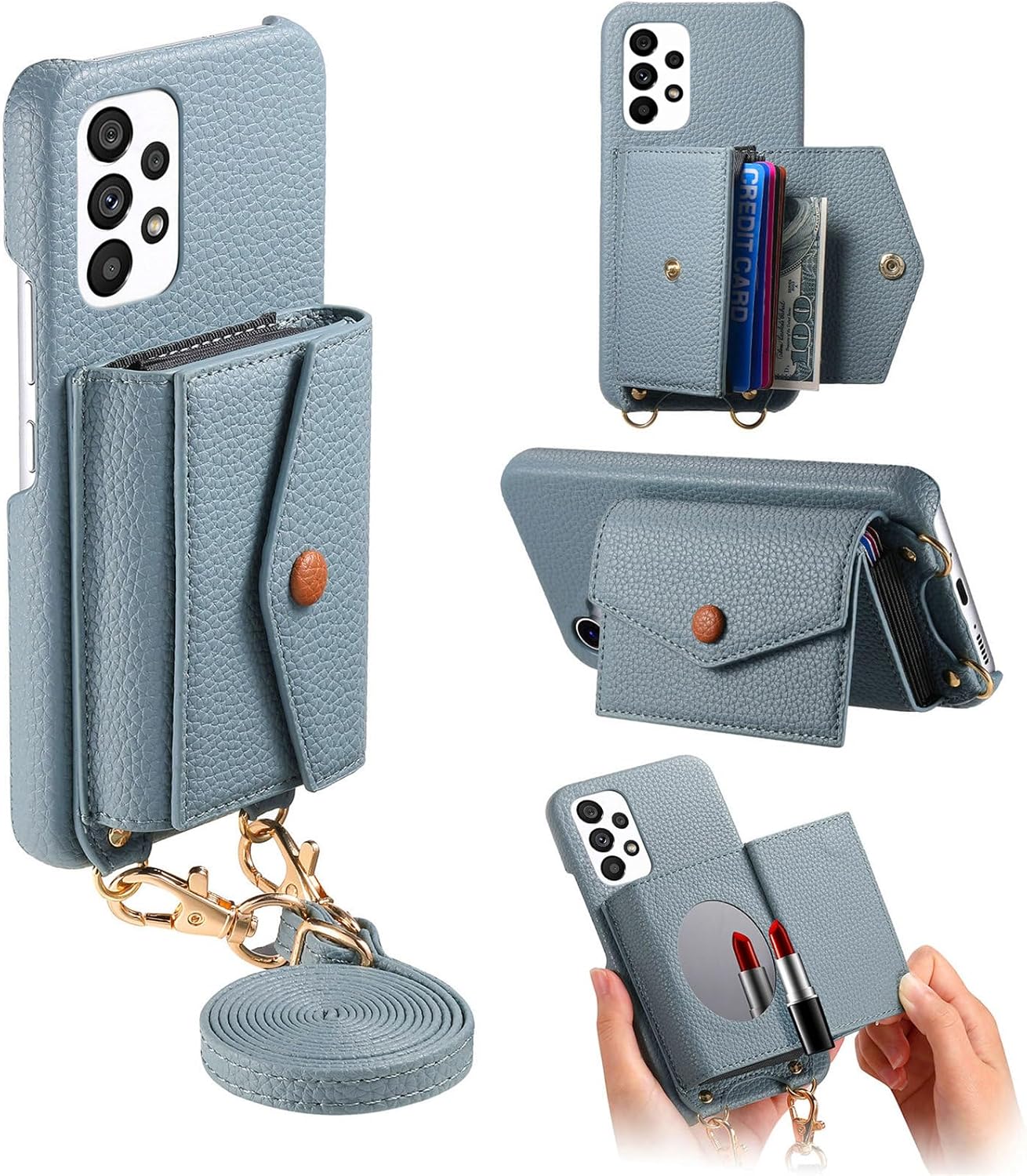 iTape Card Holder Wallet Phone Case for Samsung Galaxy A53 5G, Shockproof Ultra-thin Phone Case, Makeup Mirror with Crossbody Strap Gray