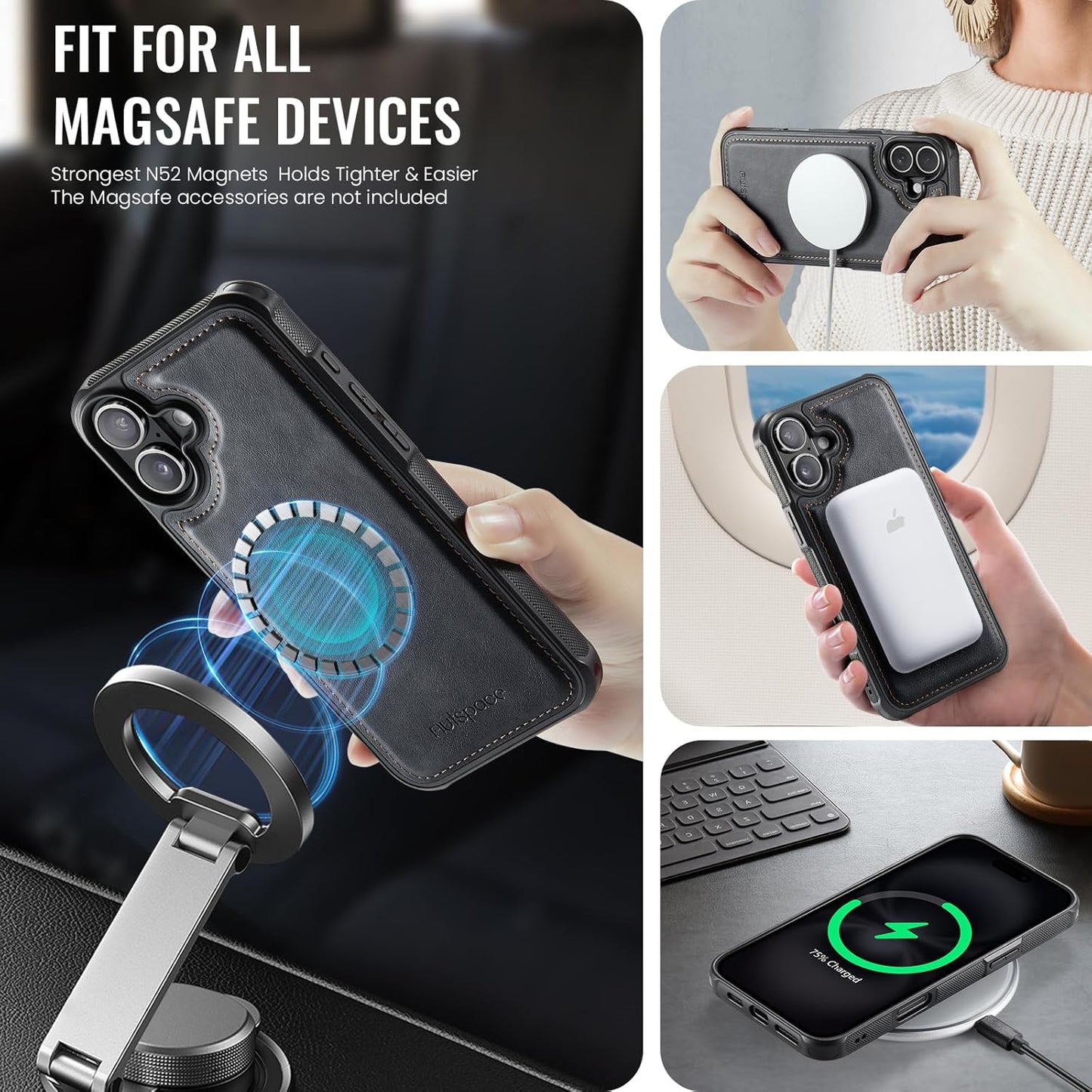 Up and down card holder mobile phone case suitable for iPhone 16 Plus, RFID (anti-theft), supports car magnetic suction function, card slot wallet holder Brown