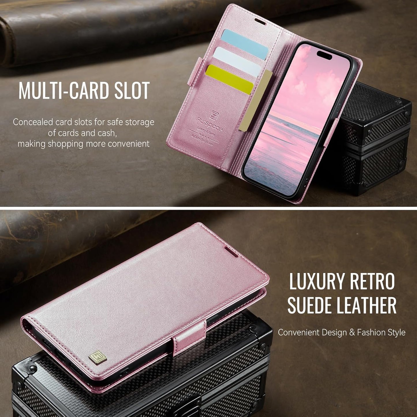Soft leather wallet case for iPhone 15 Pro max, RFID (anti-theft), wallet card slot flip cover stand for iPhone 15 Pro max Support wireless charging Rose Gold