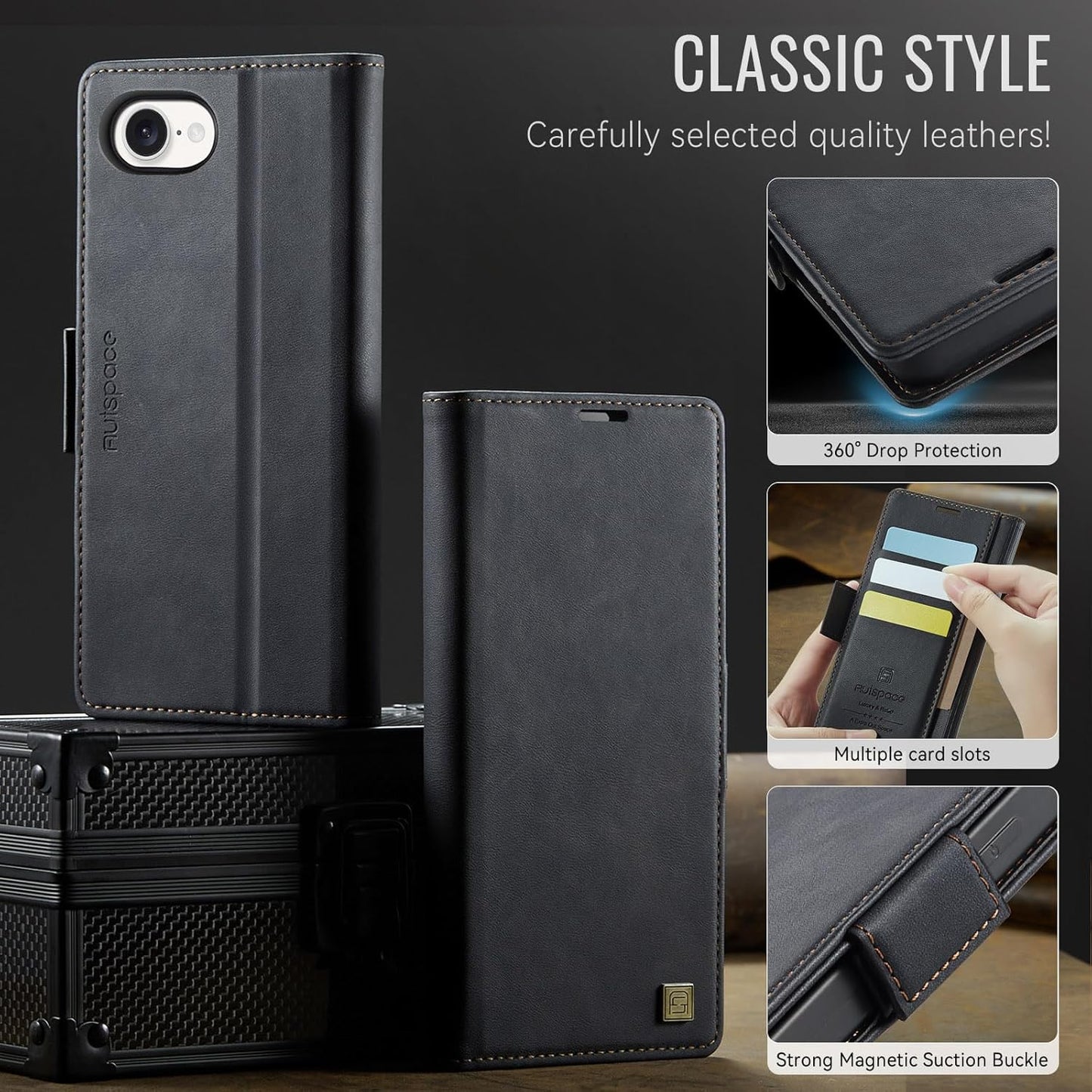 Soft leather wallet case for iPhone 16E, RFID (anti-theft), wallet card slot flip cover stand for iPhone 16E Support wireless charging Gray