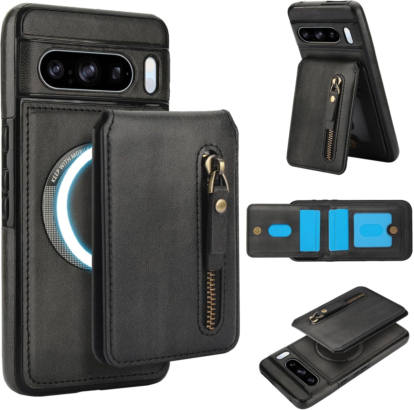 iTape Magnetic card holder phone case suitable for Google Pixel 8 Pro, zipper magnetic split magnetic wallet with adjustable bracket Brown