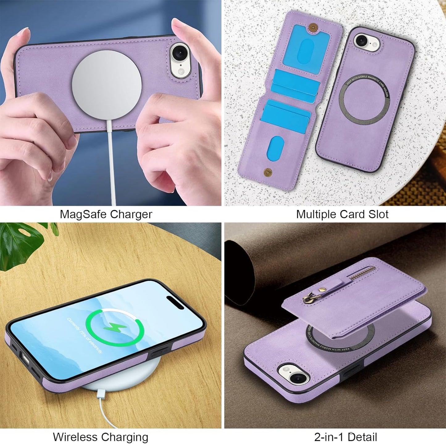 Magnetic card holder phone case suitable for iPhone 16E, zipper magnetic split magnetic wallet with adjustable bracket