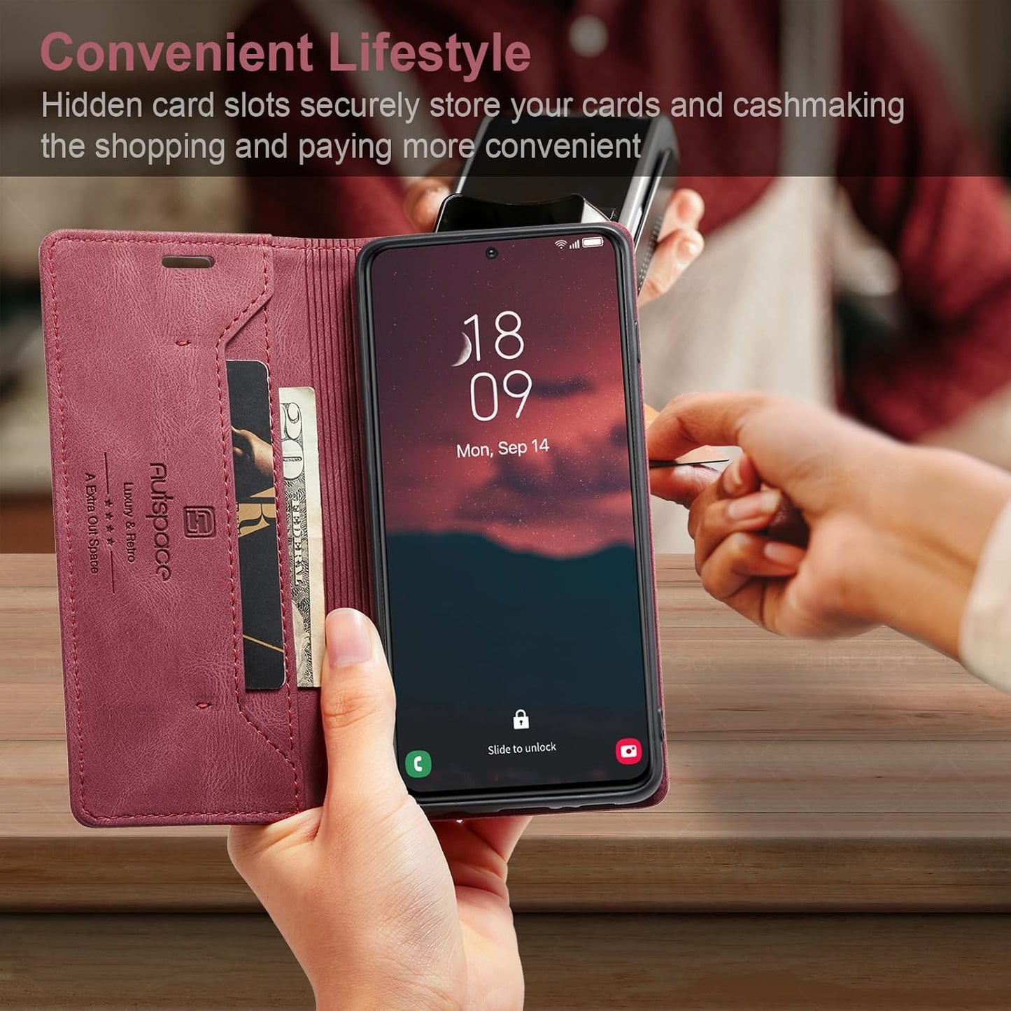 iTape Retro frosted soft leather mobile phone case for Samsung Galaxy S24, RFID (anti-theft swipe), wallet card slot flip cover stand, Green