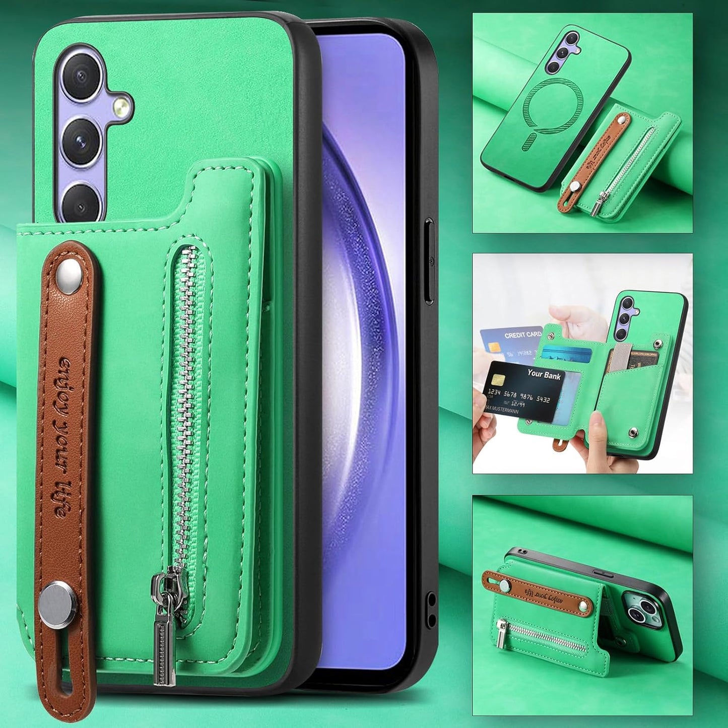 iTape Retro magnetic mobile phone case for Samsung Galaxy S25+, wireless charging magnetic car mount, Card slot, card holder, wrist strap bracket RFID anti-theft card Orange