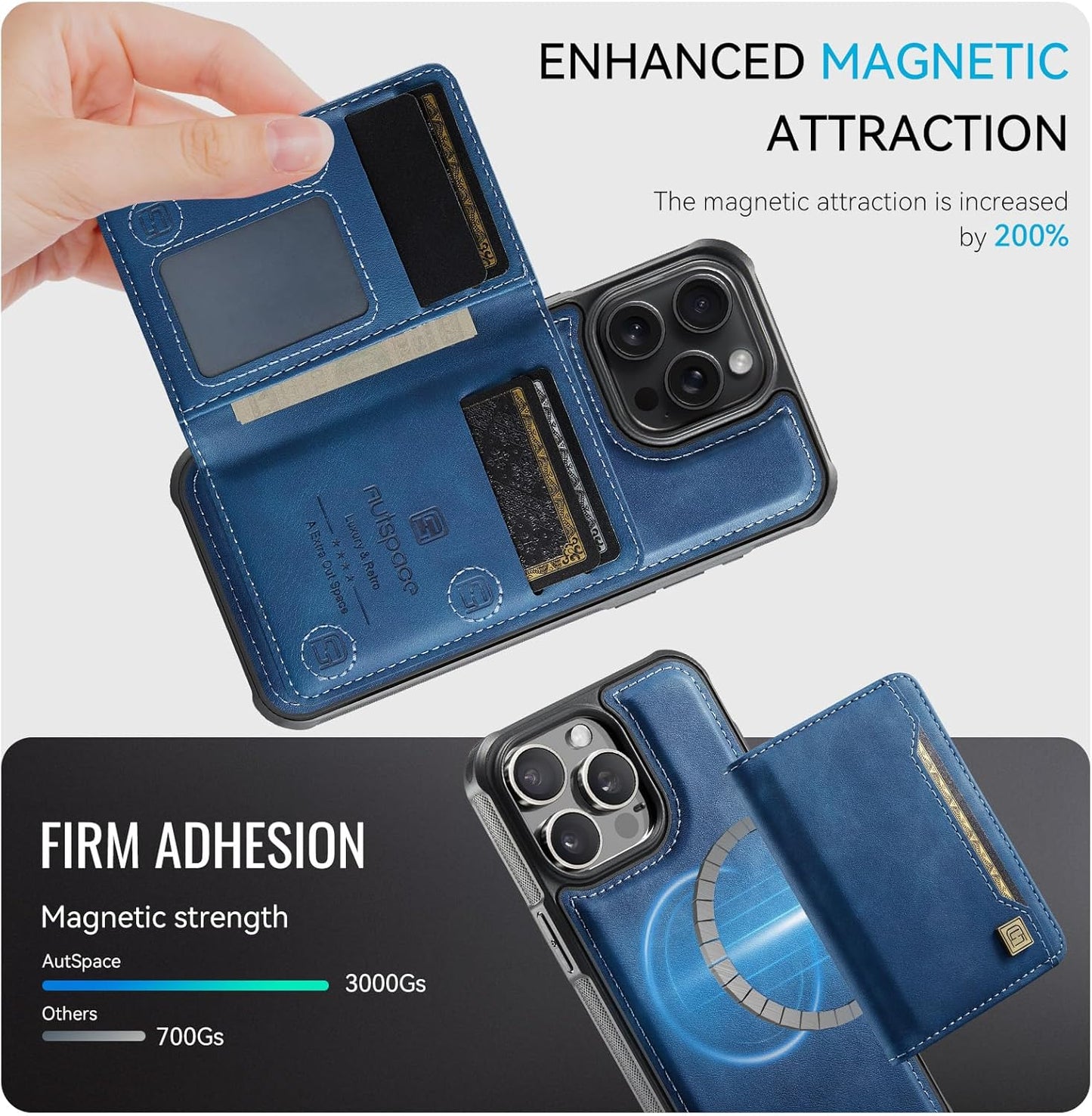 Double magnetic card holder mobile phone case for iPhone 14 Pro max, RFID (anti-theft), supports car magnetic suction function + multi-directional bracket Gray