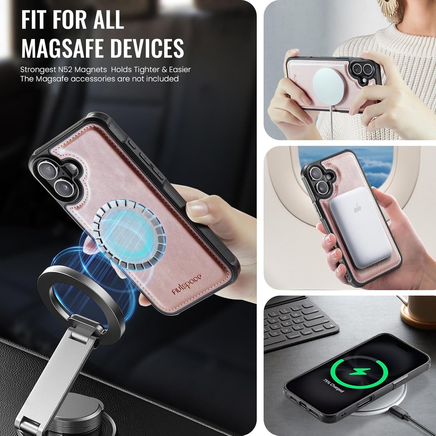 Up and down card holder mobile phone case suitable for iPhone 16 Plus, RFID (anti-theft), supports car magnetic suction function, card slot wallet holder Brown