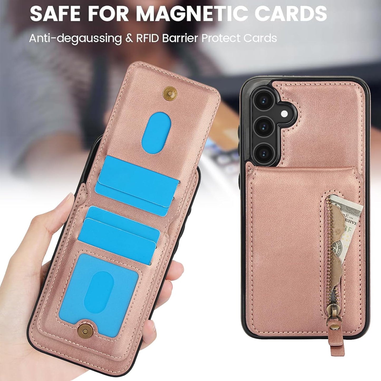 iTape Magnetic card holder phone case suitable for Samsung Galaxy S25+, zipper magnetic split magnetic wallet with adjustable bracket Pink