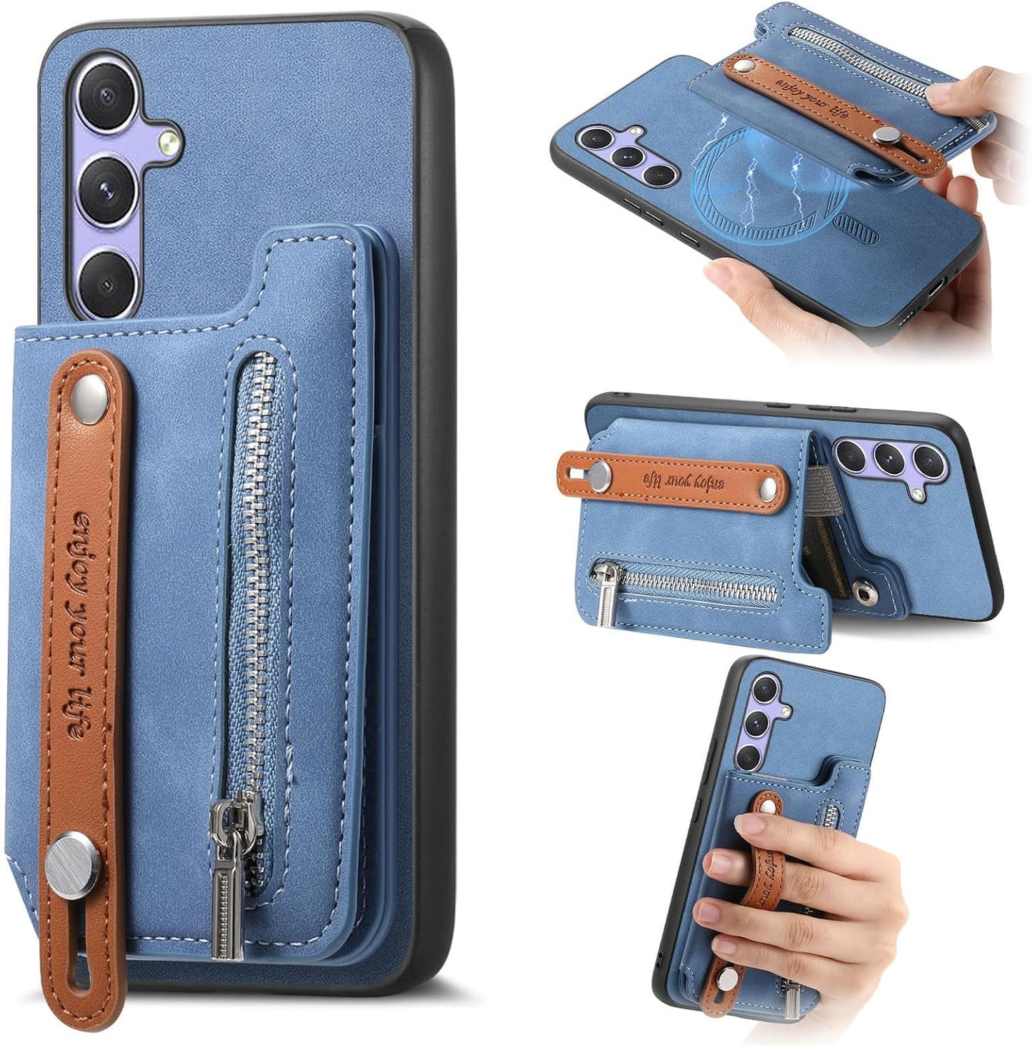 iTape Retro magnetic mobile phone case for Samsung Galaxy S25+, wireless charging magnetic car mount, Card slot, card holder, wrist strap bracket RFID anti-theft card Orange