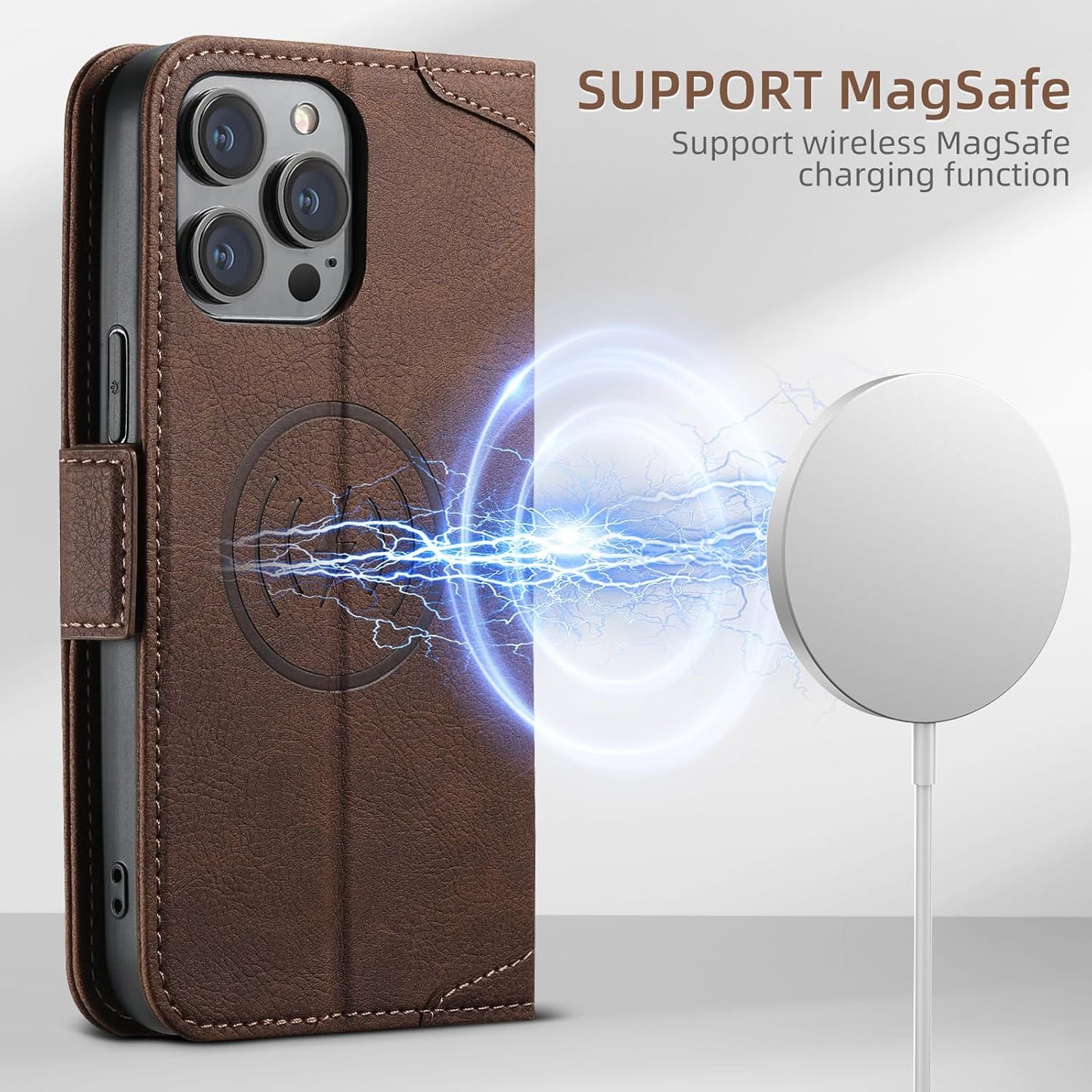 Wallet Case for iPhone 13 Pro Magsafe Charger Compatible, Magnetic Buckle Leather Case, Card Slot Stand Shock Cover Black