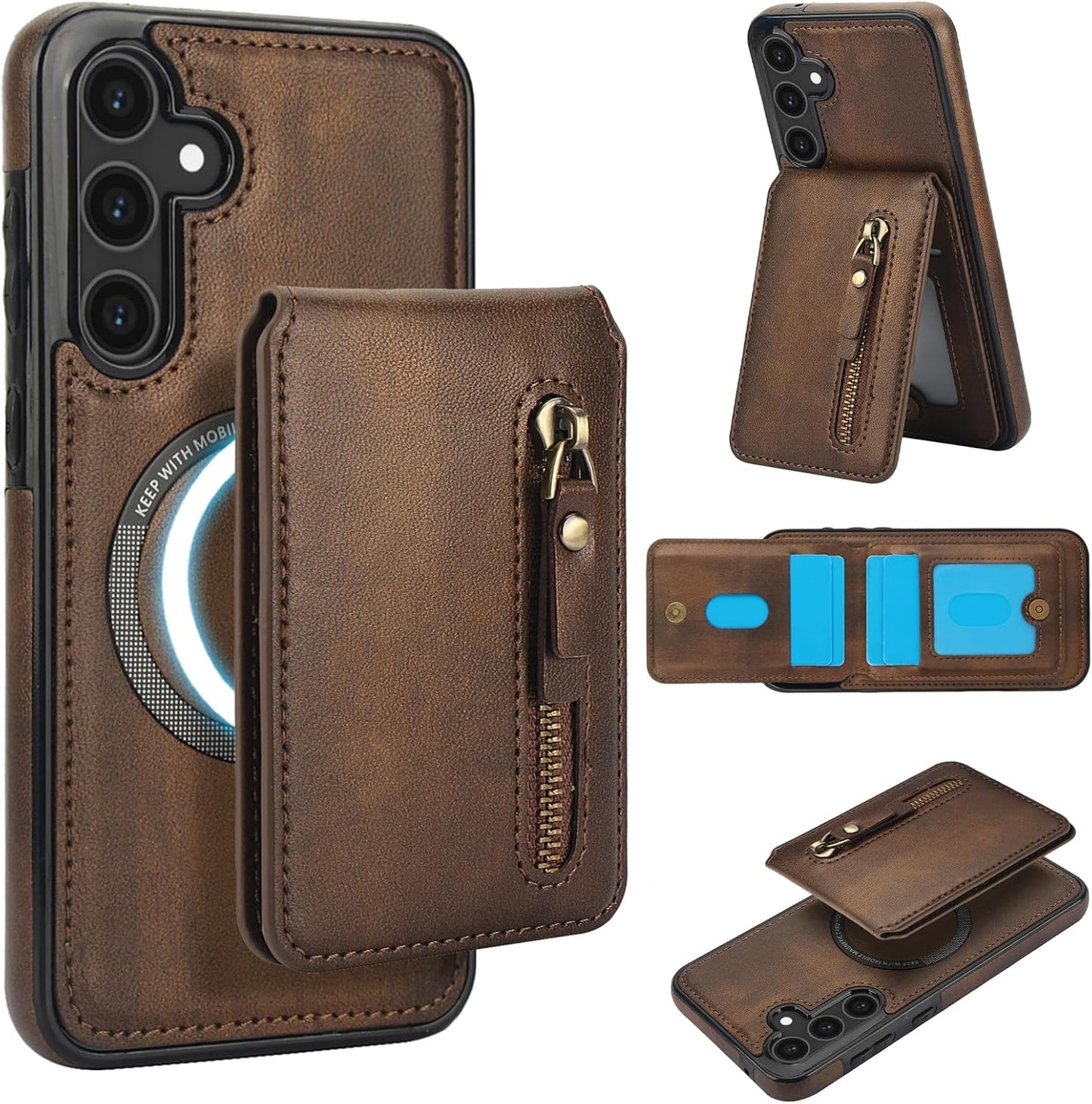 iTape Magnetic card holder phone case suitable for Samsung Galaxy S25, zipper magnetic split magnetic wallet with adjustable bracket Red