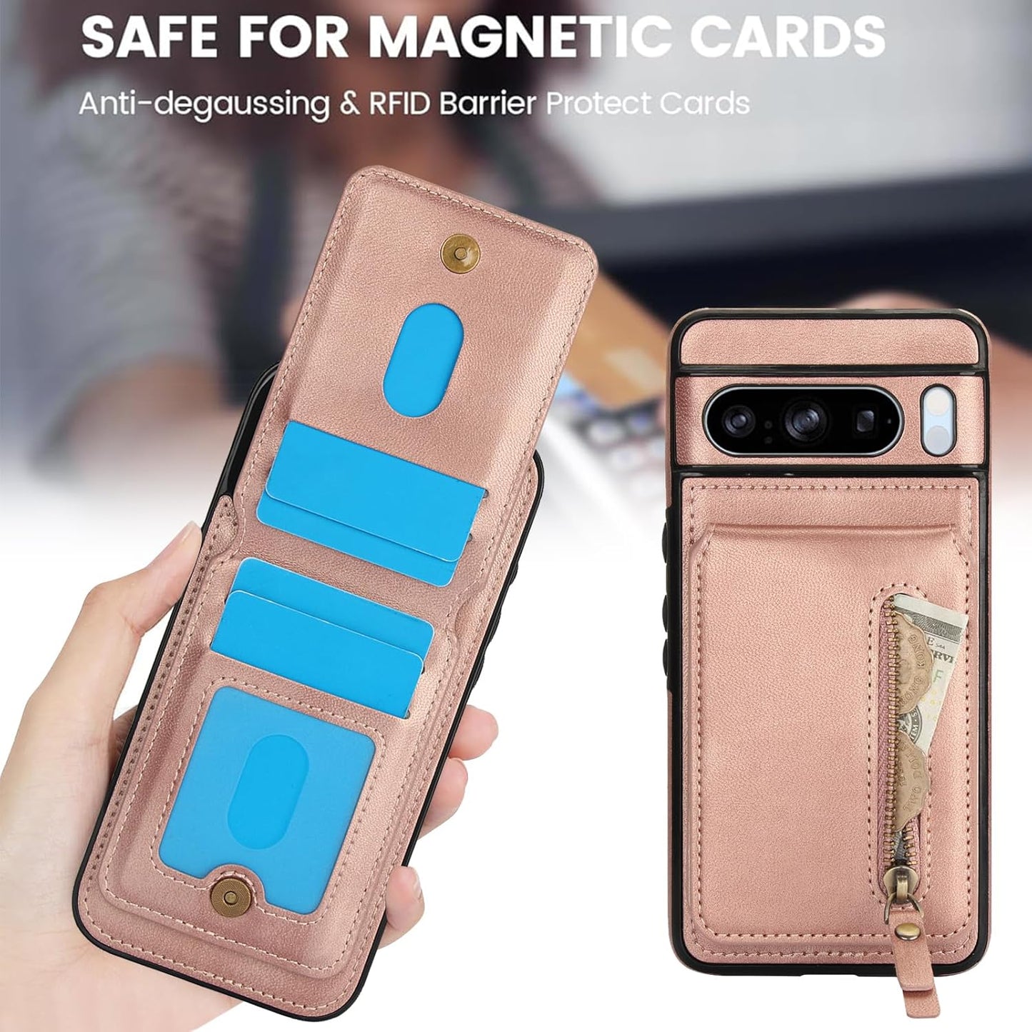 iTape Magnetic card holder phone case suitable for Google Pixel 8 Pro, zipper magnetic split magnetic wallet with adjustable bracket Brown