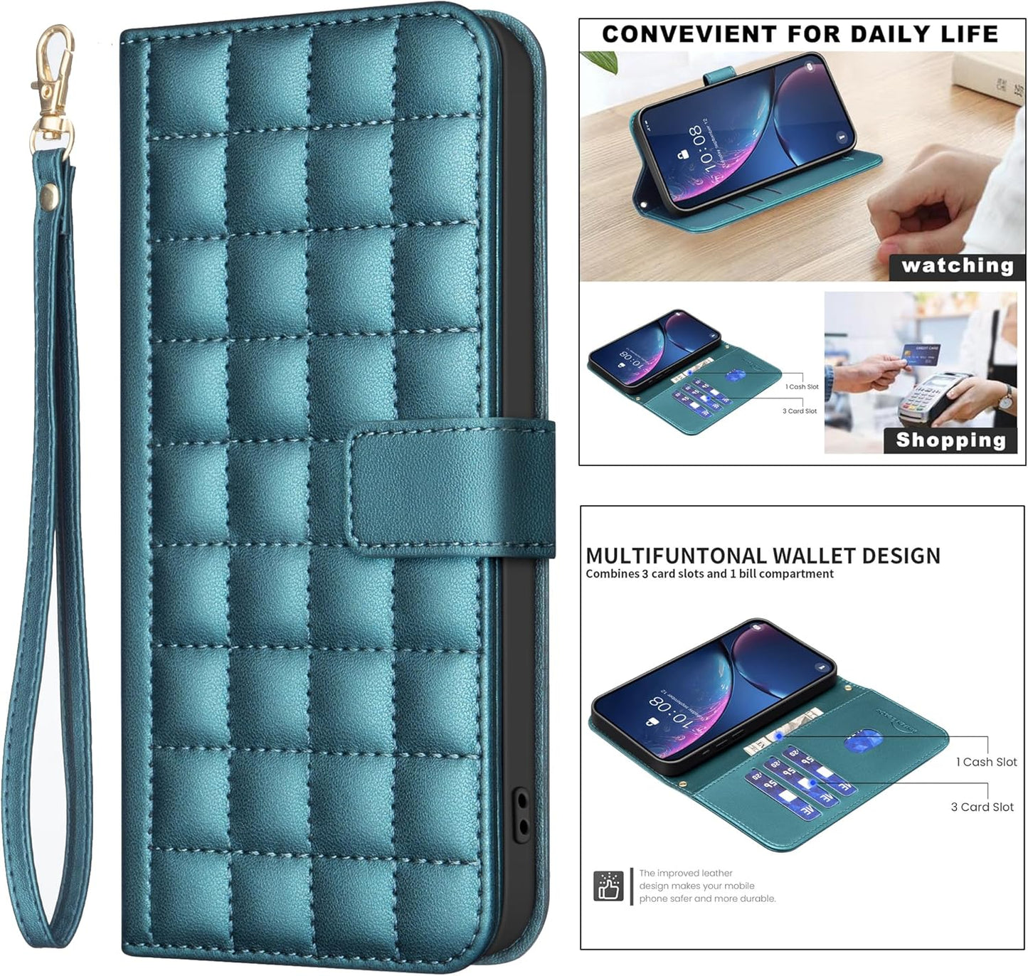 Plaid Wallet Phone Case for iPhone 16E, Wallet Phone Case, Flip Stand, Credit Card Slot Wallet With wrist strap Green
