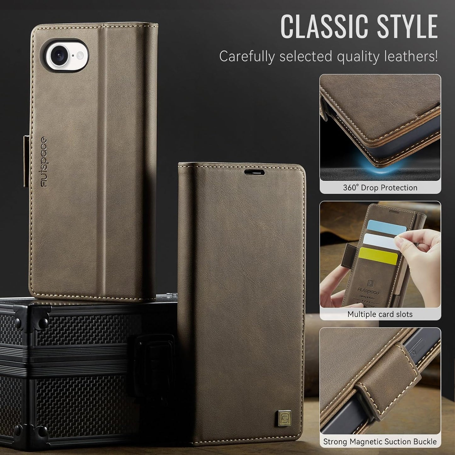 Soft leather wallet case for iPhone 16E, RFID (anti-theft), wallet card slot flip cover stand for iPhone 16E Support wireless charging Gray