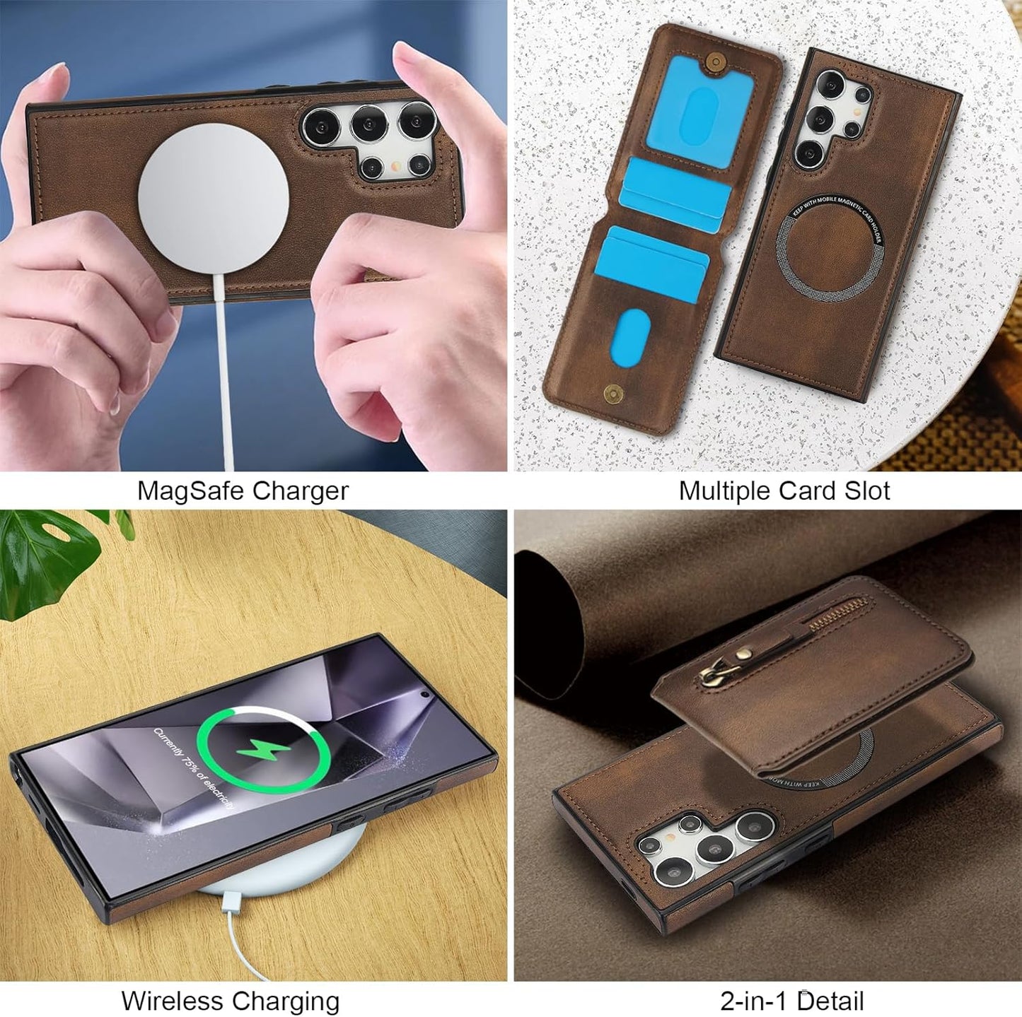 iTape Magnetic Card Holder Phone case Suitable for Samsung Galaxy S24 Ultra, Zipper Magnetic Split Magnetic Wallet with Adjustable Bracket