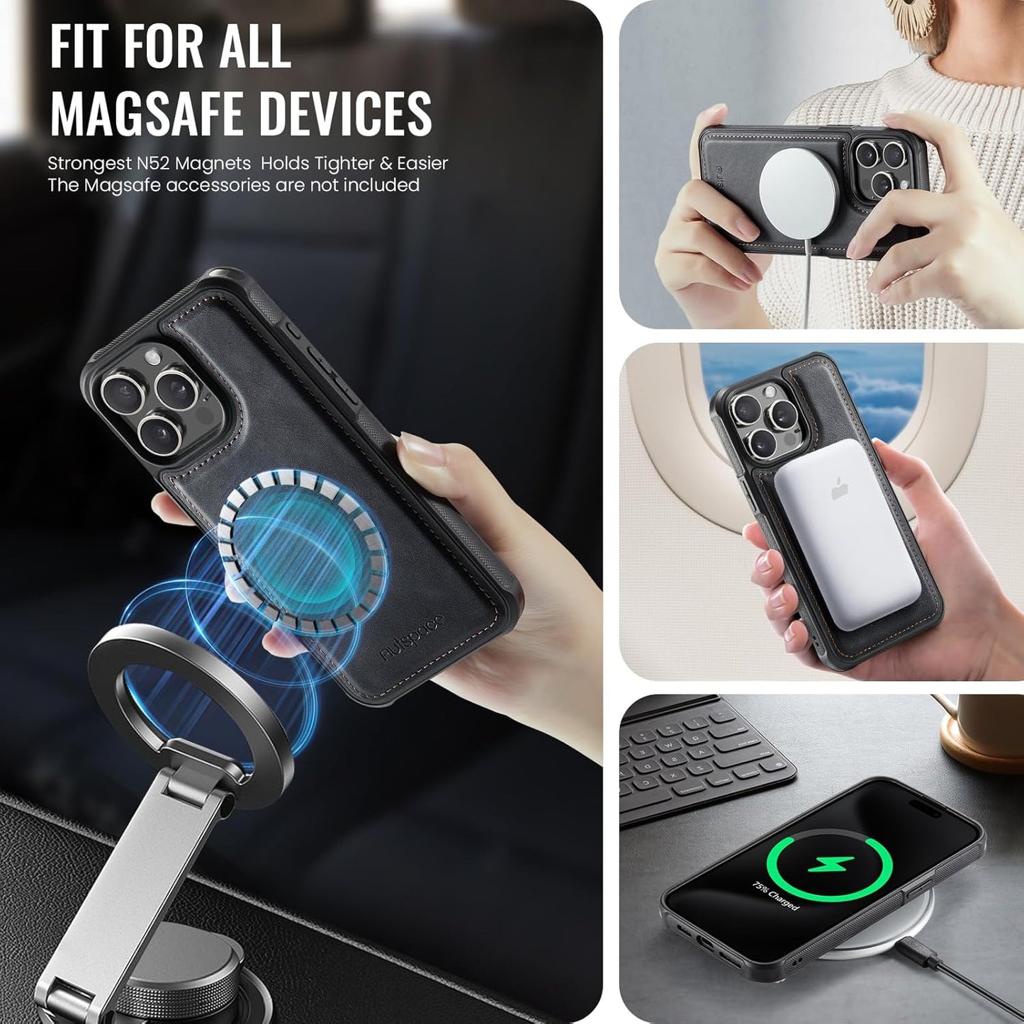 Double magnetic card holder mobile phone case for iPhone 14 Pro max, RFID (anti-theft), supports car magnetic suction function + multi-directional bracket Gray